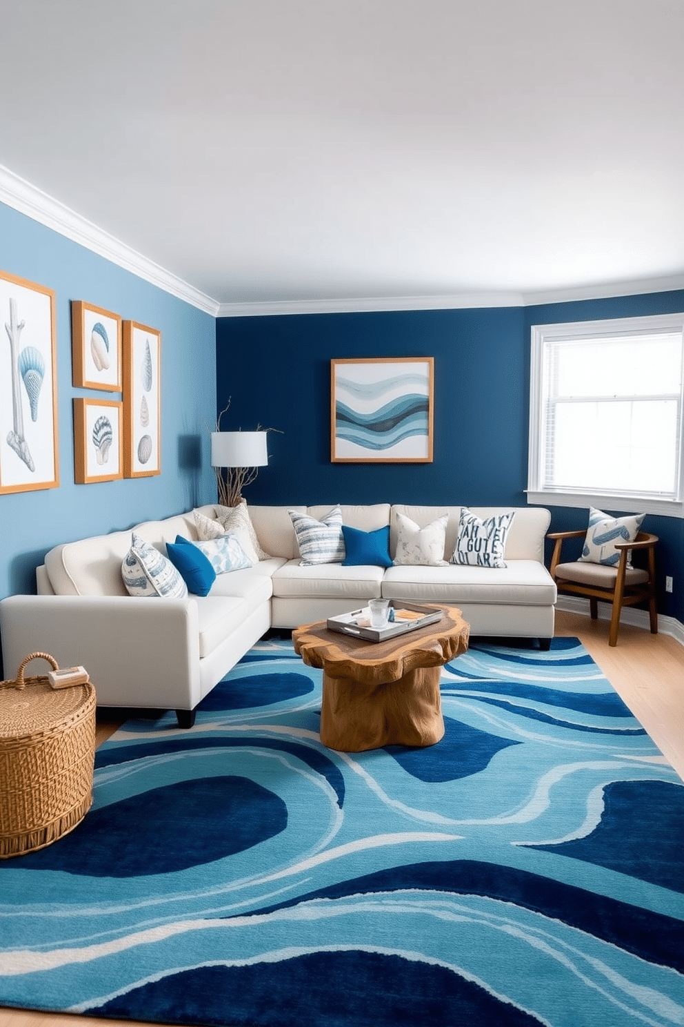 Ocean-themed decor for a coastal vibe. The room features soft blue walls adorned with framed seashell art, complemented by a driftwood coffee table and a plush white sofa with ocean-inspired throw pillows. Blue Basement Design Ideas. The basement is transformed with deep navy walls, a cozy sectional sofa, and a large area rug that mimics ocean waves, creating a serene retreat perfect for relaxation and entertainment.