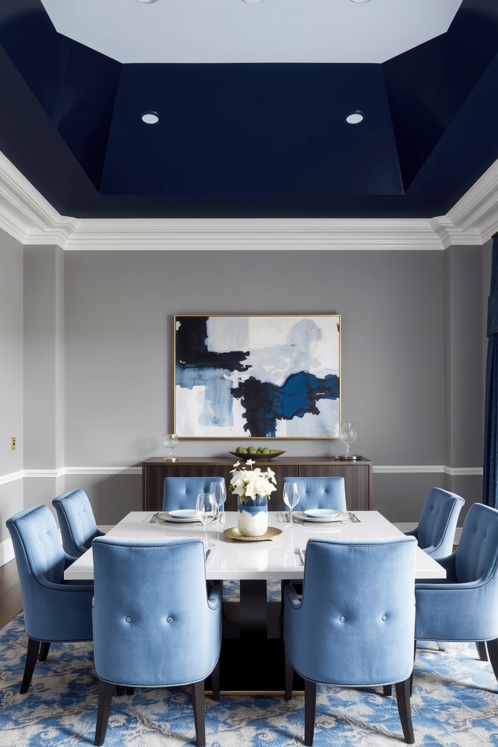 A stunning dining room featuring a blend of blue and gray tones, with an elegant rectangular table set for six. The walls are painted in a soft gray, while the ceiling boasts a rich navy blue, creating a sophisticated contrast. Around the table, plush upholstered chairs in varying shades of blue provide comfort and style. A large abstract painting that incorporates both colors hangs above a sleek sideboard, enhancing the room's modern aesthetic.