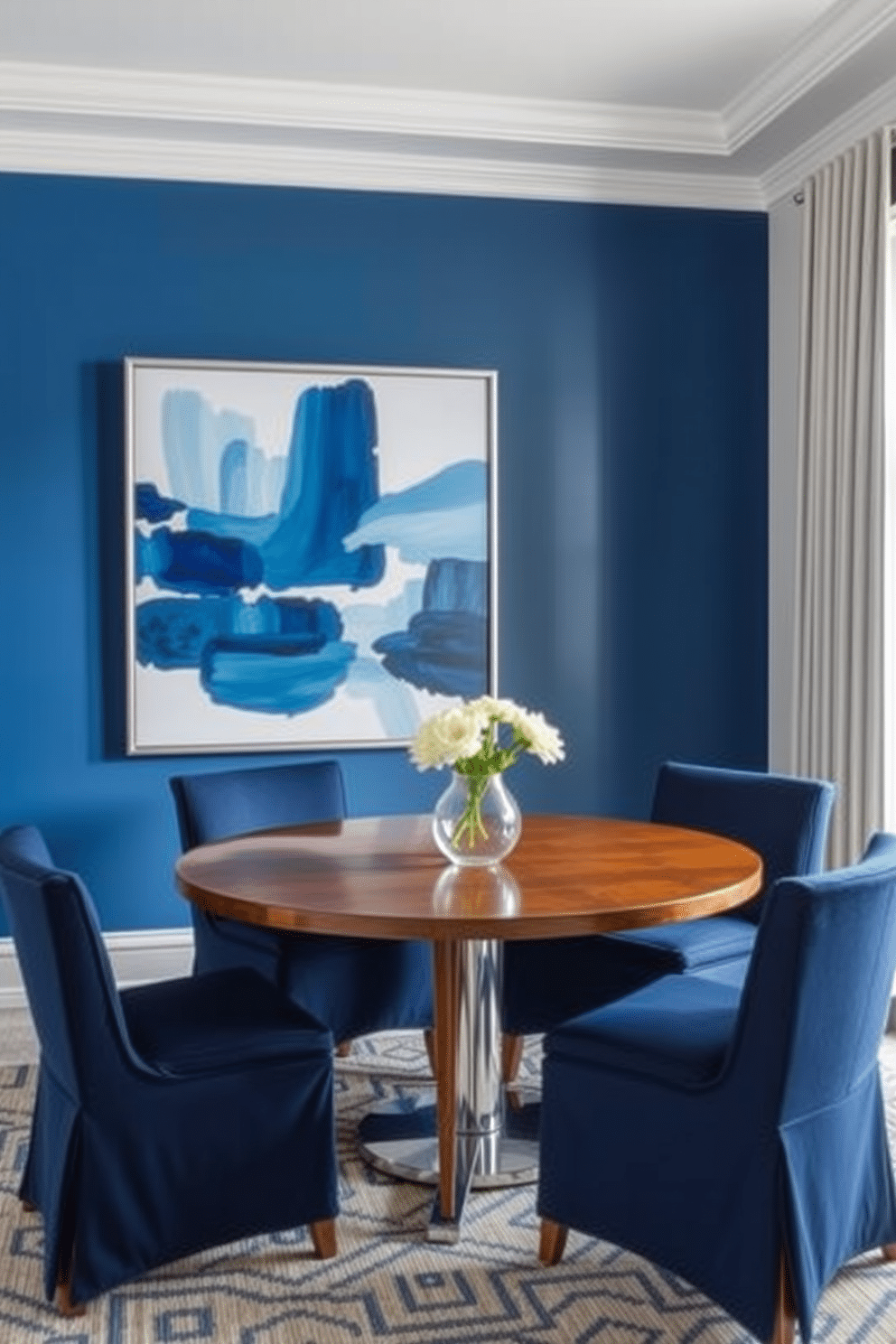 Accent wall with blue artwork. The wall features a large abstract painting in varying shades of blue, framed in a sleek silver frame. Blue Dining Room Design Ideas. A round wooden dining table is set against the accent wall, surrounded by upholstered chairs in a deep navy fabric.