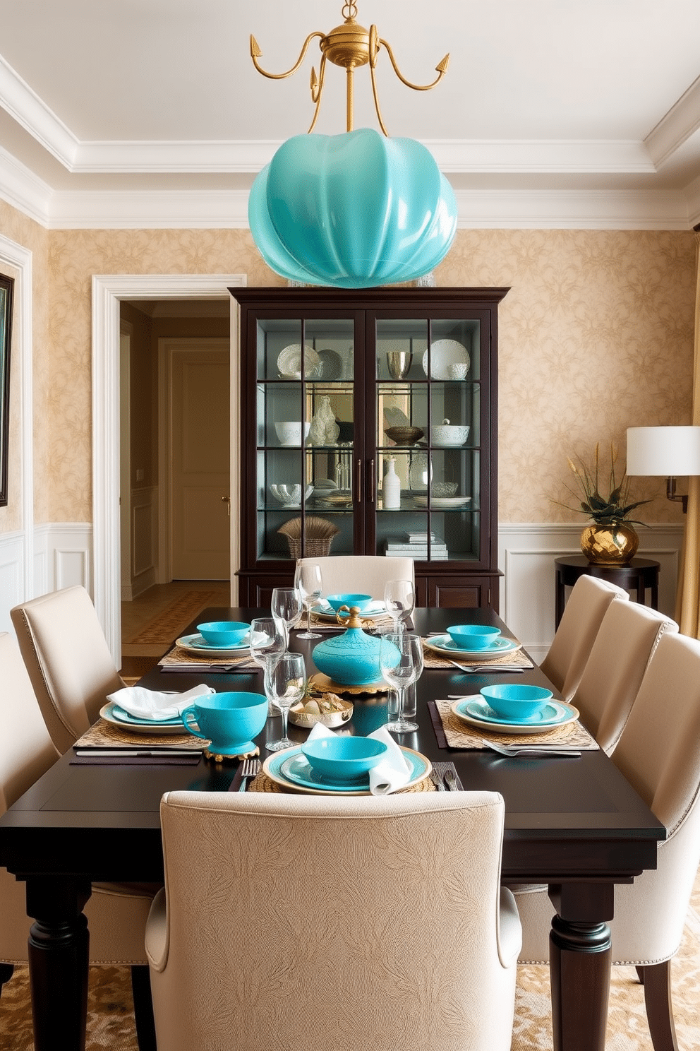 A vibrant dining room featuring a rich turquoise tableware set that adds a pop of color to the elegant space. The walls are adorned with soft beige wallpaper, complementing the dark wood dining table surrounded by plush upholstered chairs in a coordinating hue.