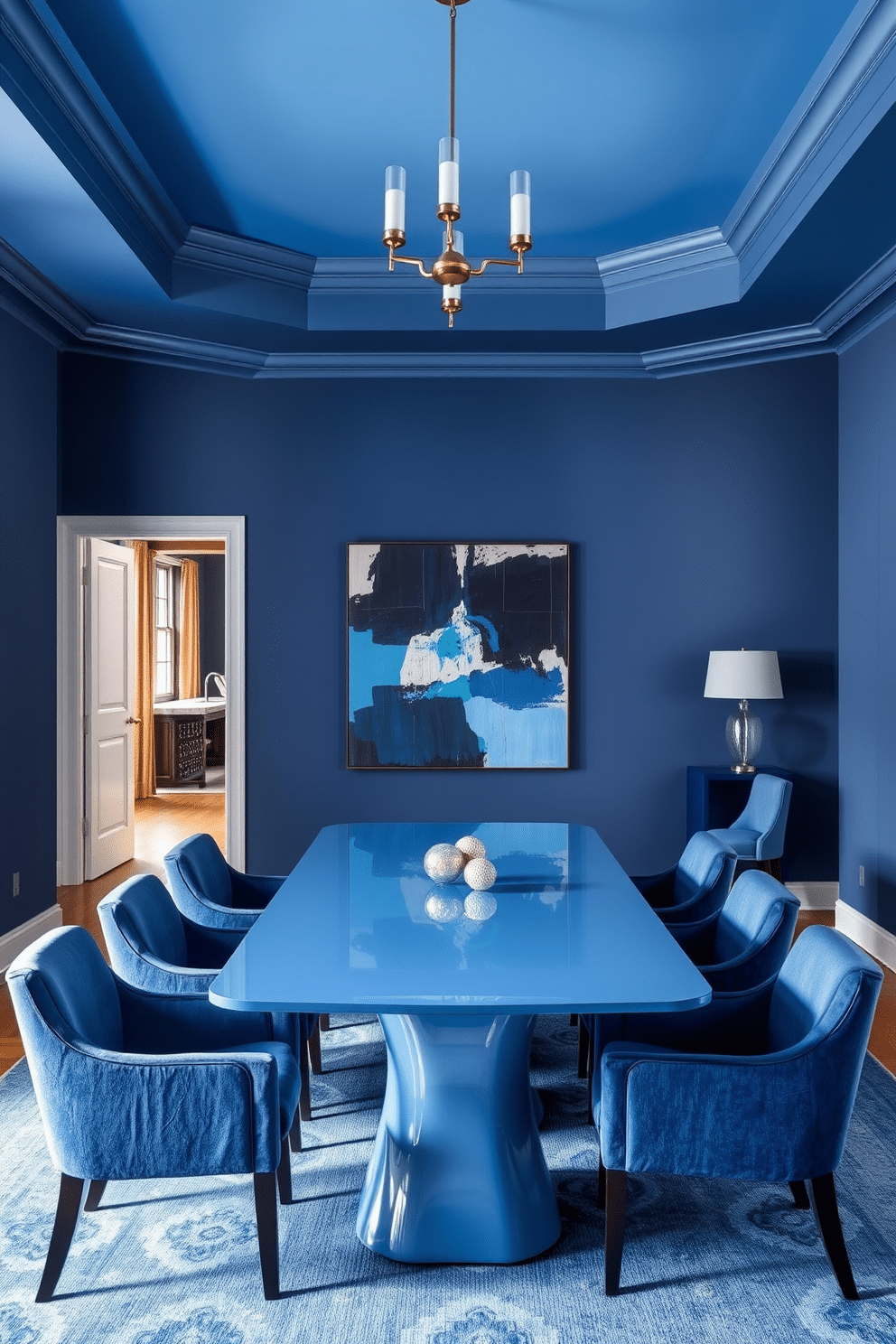 A stunning dining room featuring a monochromatic blue color scheme with varying shades. The walls are painted a deep navy, while the ceiling is a lighter sky blue, creating a serene atmosphere. In the center, a sleek, modern dining table with a glossy blue finish is surrounded by upholstered chairs in various shades of blue. A large abstract painting in complementary blues hangs on the wall, adding a focal point to the space.