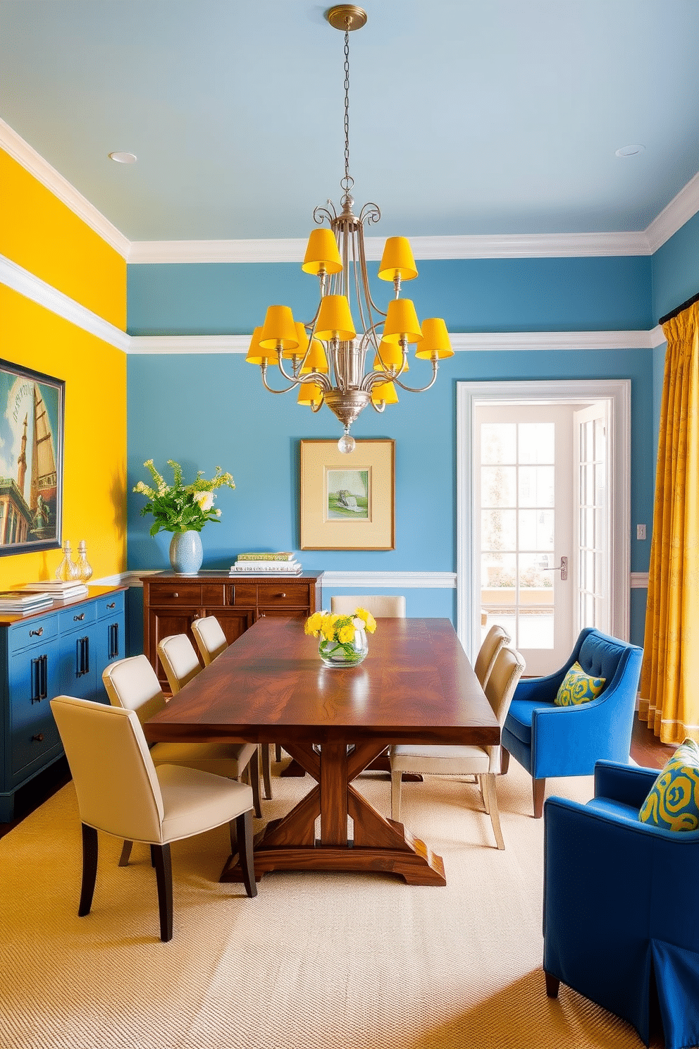 A vibrant dining room featuring a blue and yellow color scheme. The walls are painted a soft blue, complemented by a bold yellow accent wall, creating a cheerful atmosphere. A large wooden dining table takes center stage, surrounded by upholstered chairs in a mix of blue and yellow fabrics. A statement chandelier with yellow shades hangs above the table, adding warmth and elegance to the space.