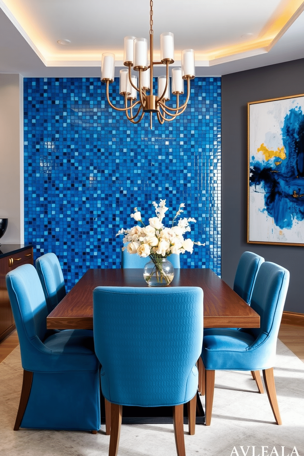 A stunning dining room featuring a striking blue mosaic tile backsplash that adds a vibrant touch to the space. The room is adorned with a sleek wooden dining table surrounded by elegant upholstered chairs in complementary shades of blue. Soft, ambient lighting from a modern chandelier illuminates the room, enhancing the rich colors of the decor. A large abstract painting with hints of blue and gold serves as a focal point on one wall, tying the design elements together beautifully.