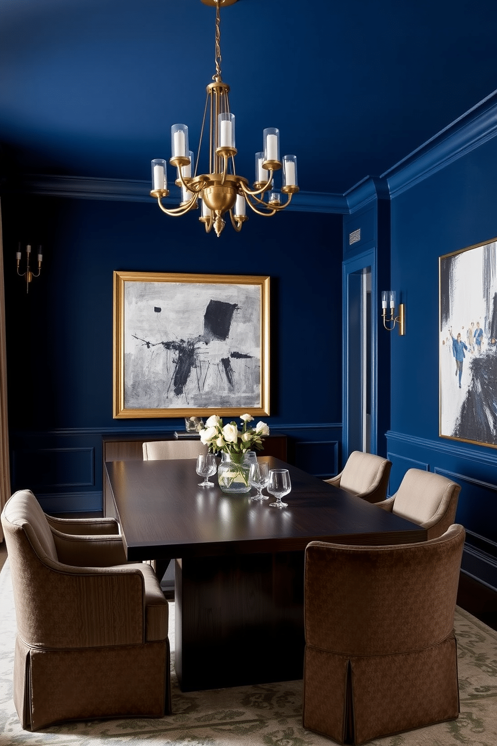 A striking dining room with navy blue walls that create a bold backdrop. Gold fixtures, including a stunning chandelier and elegant wall sconces, add a touch of luxury and warmth to the space. The dining table is a sleek, modern design made of dark wood, surrounded by plush upholstered chairs in a complementary fabric. A large abstract artwork hangs on the wall, enhancing the sophisticated ambiance of the room.