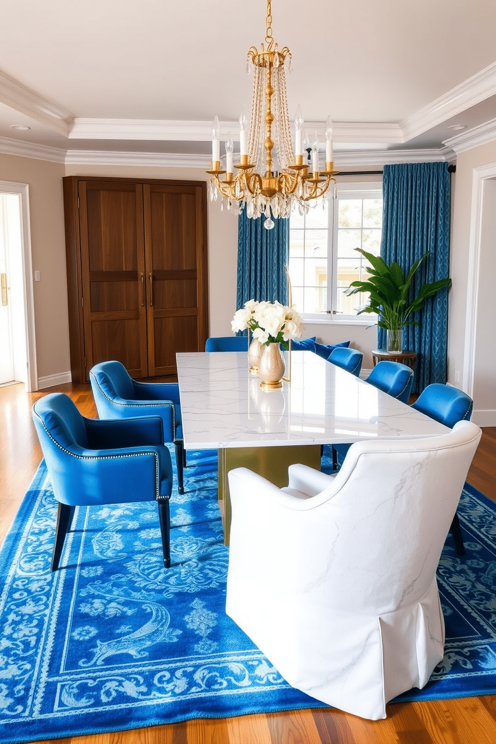 A bright blue area rug anchors the dining room, contrasting beautifully with the warm wooden flooring. The rug features intricate patterns that add visual interest and a cozy feel to the space. The dining table is a sleek white marble with elegant gold accents, surrounded by plush blue upholstered chairs. A statement chandelier hangs above, casting a warm glow and creating an inviting atmosphere for gatherings.