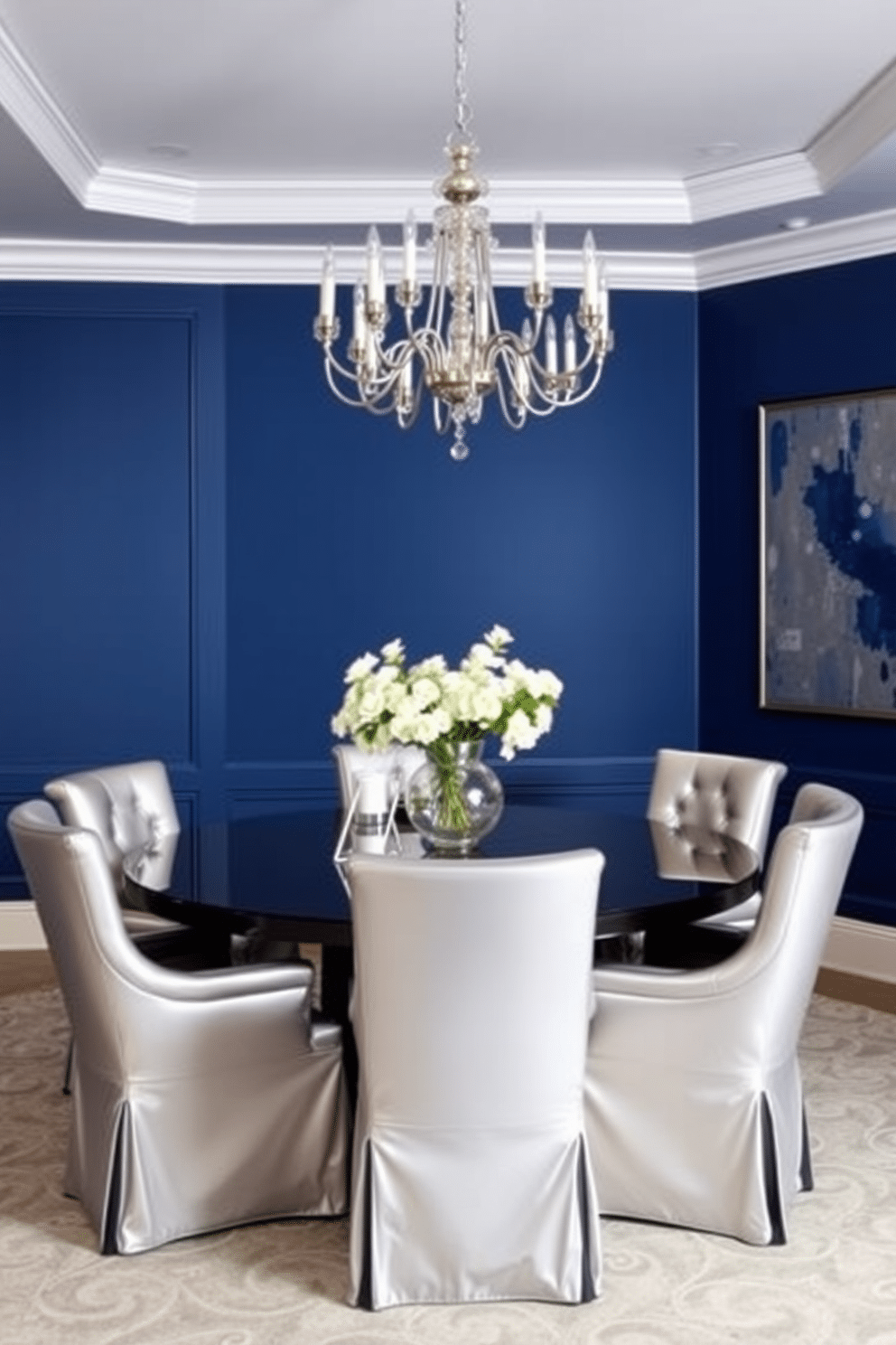 A stunning dining room featuring sapphire blue walls adorned with silver accents. The elegant dining table is set with plush, silver upholstered chairs, and a striking chandelier hangs above, reflecting light beautifully. The centerpiece is a modern vase filled with white flowers, adding a fresh touch to the rich color scheme. A large abstract painting in complementary shades of blue and silver is displayed on one wall, enhancing the room's sophistication.