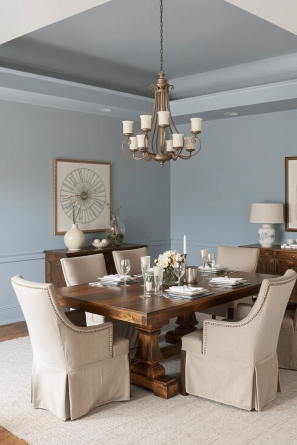 A serene dining room adorned in muted blue tones creates a calming atmosphere perfect for gatherings. The table, made of reclaimed wood, is surrounded by elegant upholstered chairs in a complementary soft fabric, inviting comfort and style. The walls are painted in a gentle sky blue, enhancing the room's tranquility, while a statement chandelier with soft lighting hangs above the table. Accents of white in the table settings and decorative elements add a touch of freshness and sophistication.