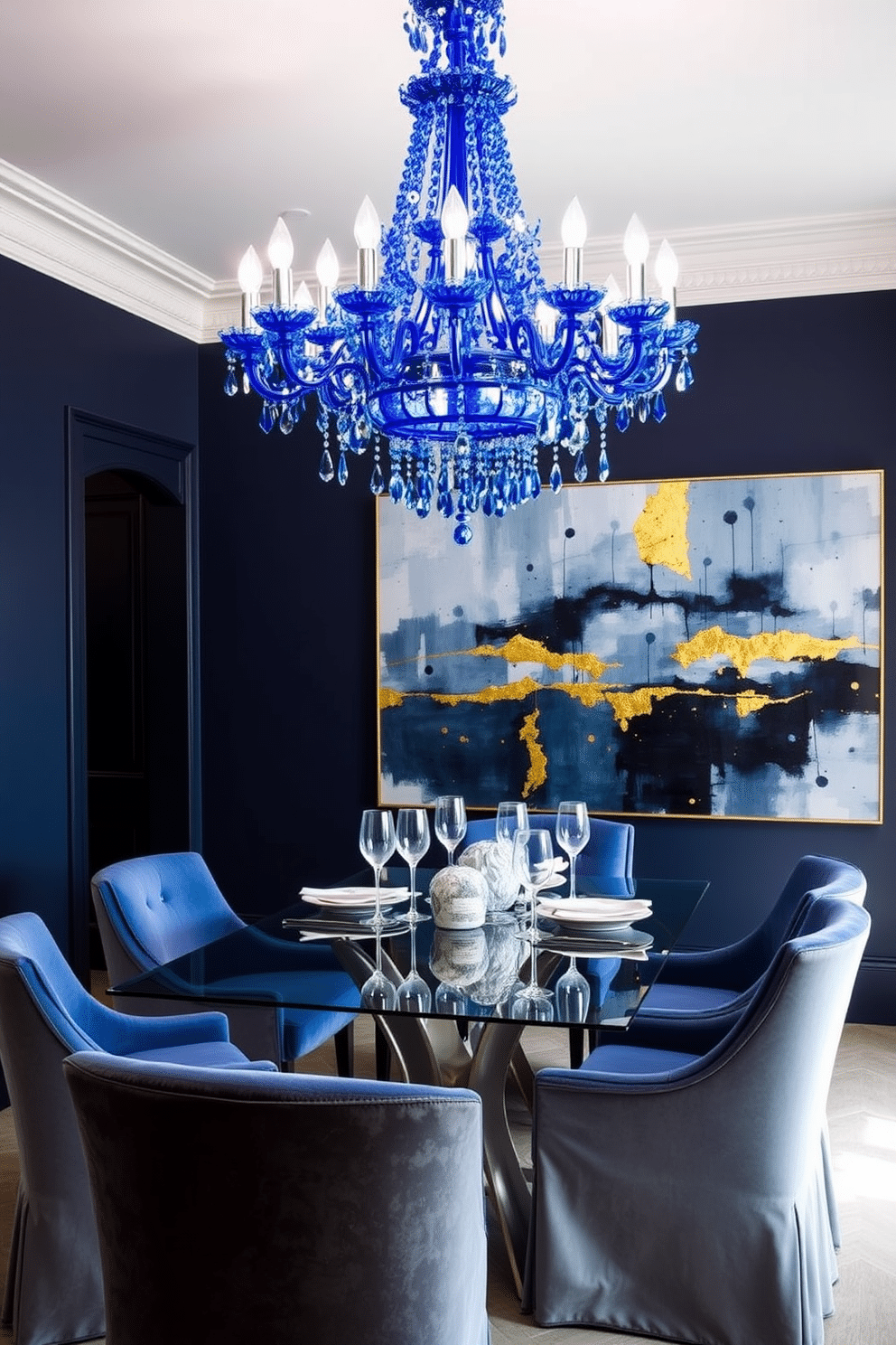 A glamorous blue chandelier hangs elegantly from the ceiling, casting a stunning glow over the dining space. The walls are adorned with a rich navy hue, complemented by plush, velvet dining chairs around a sleek, glass table. The table is set with fine china and crystal glassware, creating an inviting atmosphere for gatherings. A large, abstract painting in shades of blue and gold adds a touch of sophistication to the room.