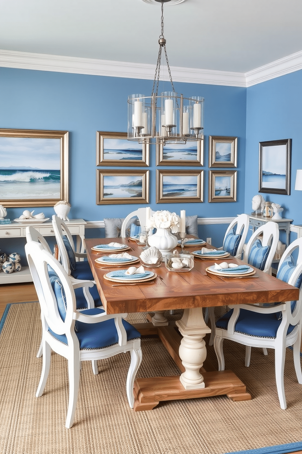 Ocean-inspired decor with shells and blues. The walls are painted in a soft ocean blue, adorned with framed artwork depicting serene beach scenes. A large dining table made of reclaimed wood sits in the center, surrounded by elegant white chairs with blue cushions. Decorative elements like seashell centerpieces and coastal-themed tableware enhance the oceanic ambiance.