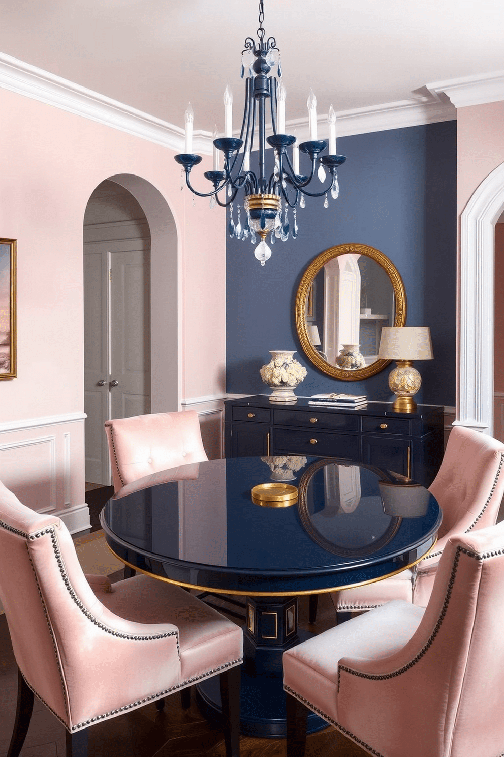 A stylish dining room featuring a blue and blush color combination. The walls are painted a soft blush, while the dining table is a rich navy blue with elegant gold accents. Surrounding the table are plush blush chairs that provide comfort and sophistication. A statement chandelier with blue and gold elements hangs above, casting a warm glow over the space.