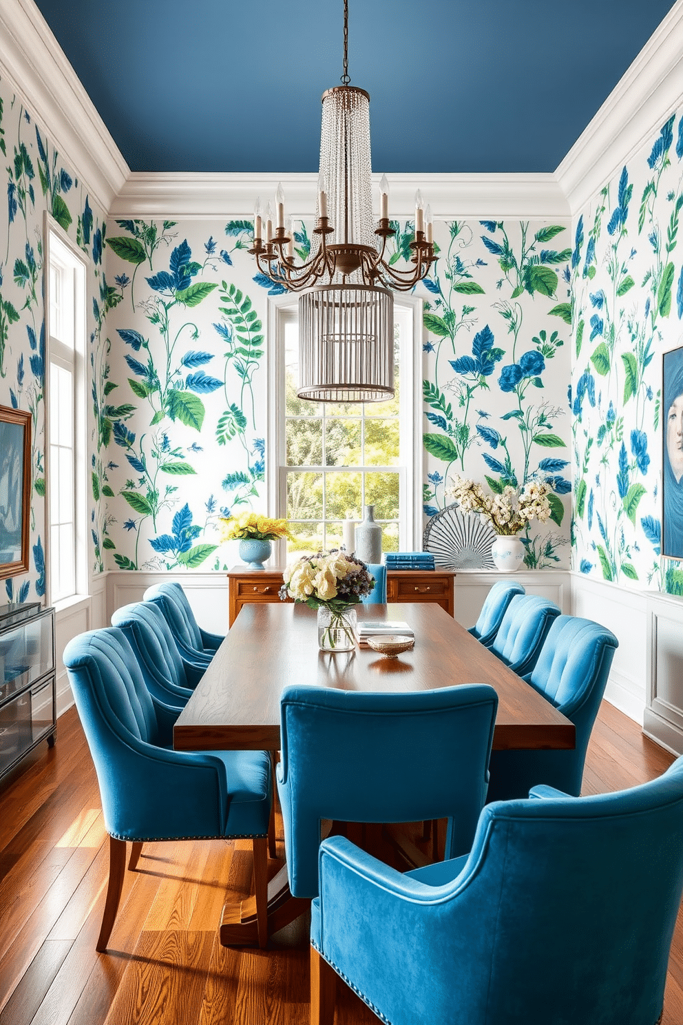 A vibrant dining room featuring blue and green botanical prints adorning the walls, creating a refreshing and lively atmosphere. The room is complemented by a large wooden dining table surrounded by plush upholstered chairs in coordinating shades of blue. Natural light floods the space through oversized windows, highlighting the intricate details of the prints and the rich textures of the furnishings. A statement chandelier made of glass and metal hangs above the table, adding an elegant touch to the overall design.