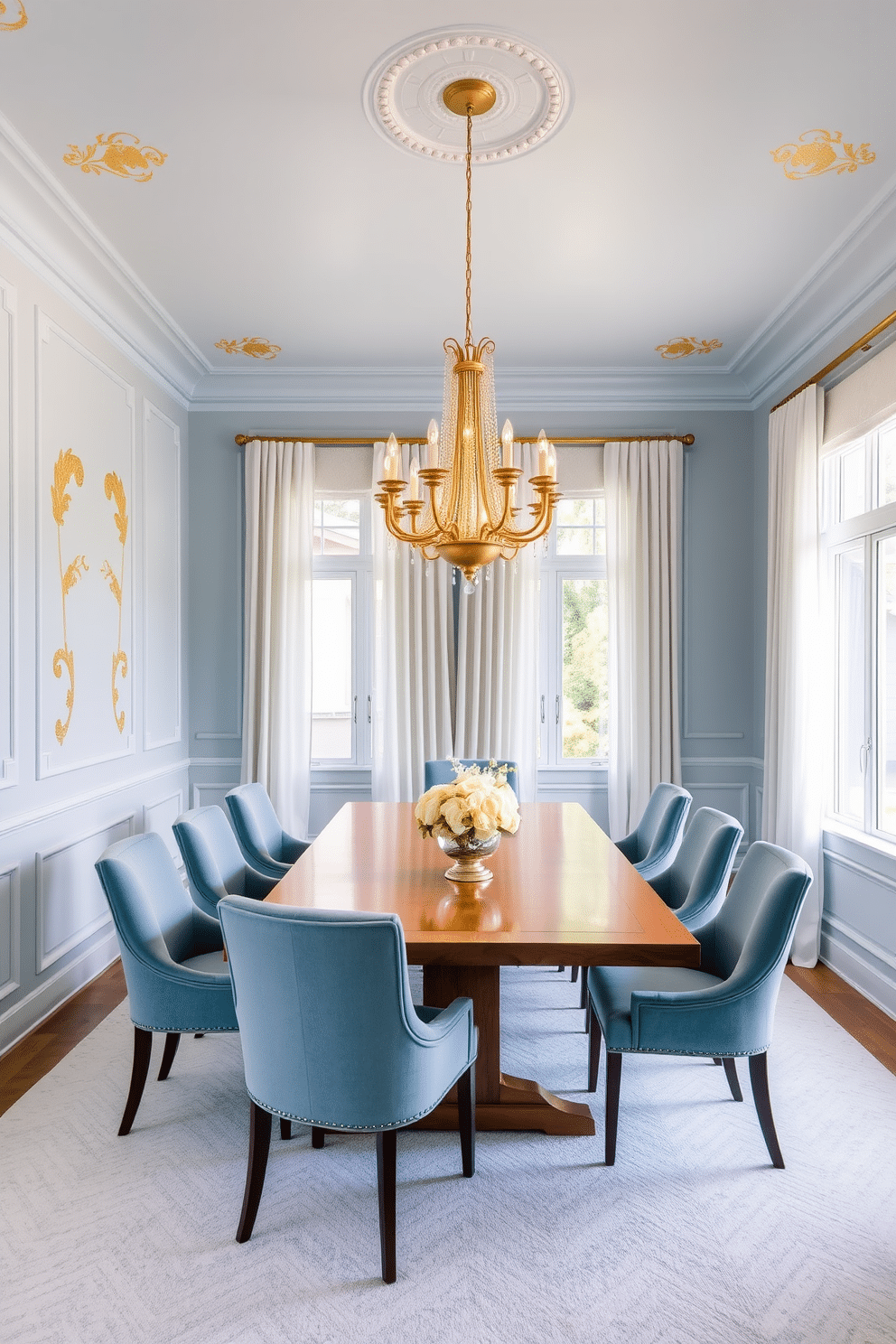 A serene dining room featuring pastel blue walls adorned with intricate gold leaf details that add a touch of elegance. The space is centered around a sleek wooden dining table, complemented by plush, upholstered chairs in a coordinating shade of blue. A stunning chandelier with gold accents hangs above the table, casting a warm glow over the room. Large windows draped with sheer white curtains allow natural light to flood in, enhancing the tranquil atmosphere.