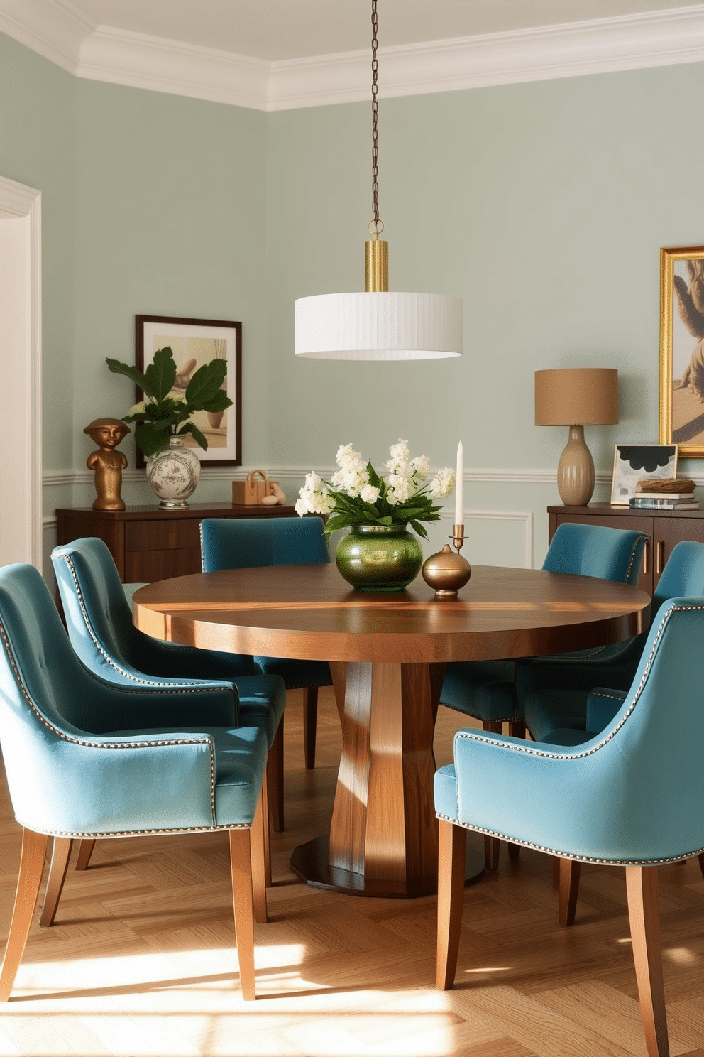 A stylish dining room featuring a wooden table surrounded by elegant teal chairs. The walls are painted in a soft, complementary shade, enhancing the overall ambiance of the space.