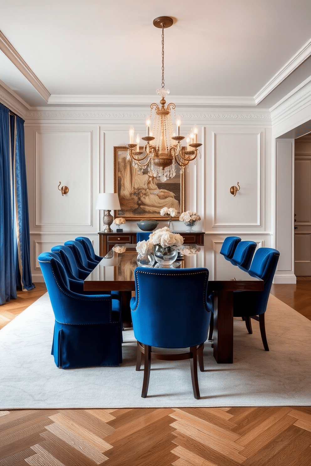 A luxurious dining room featuring blue velvet dining chairs that add a touch of elegance to the space. The table is a sleek, dark wood with a polished finish, surrounded by the plush chairs that invite comfort and style. The walls are painted in a soft, neutral tone to enhance the richness of the blue upholstery. A statement chandelier hangs above the table, casting a warm glow that complements the overall ambiance of sophistication.