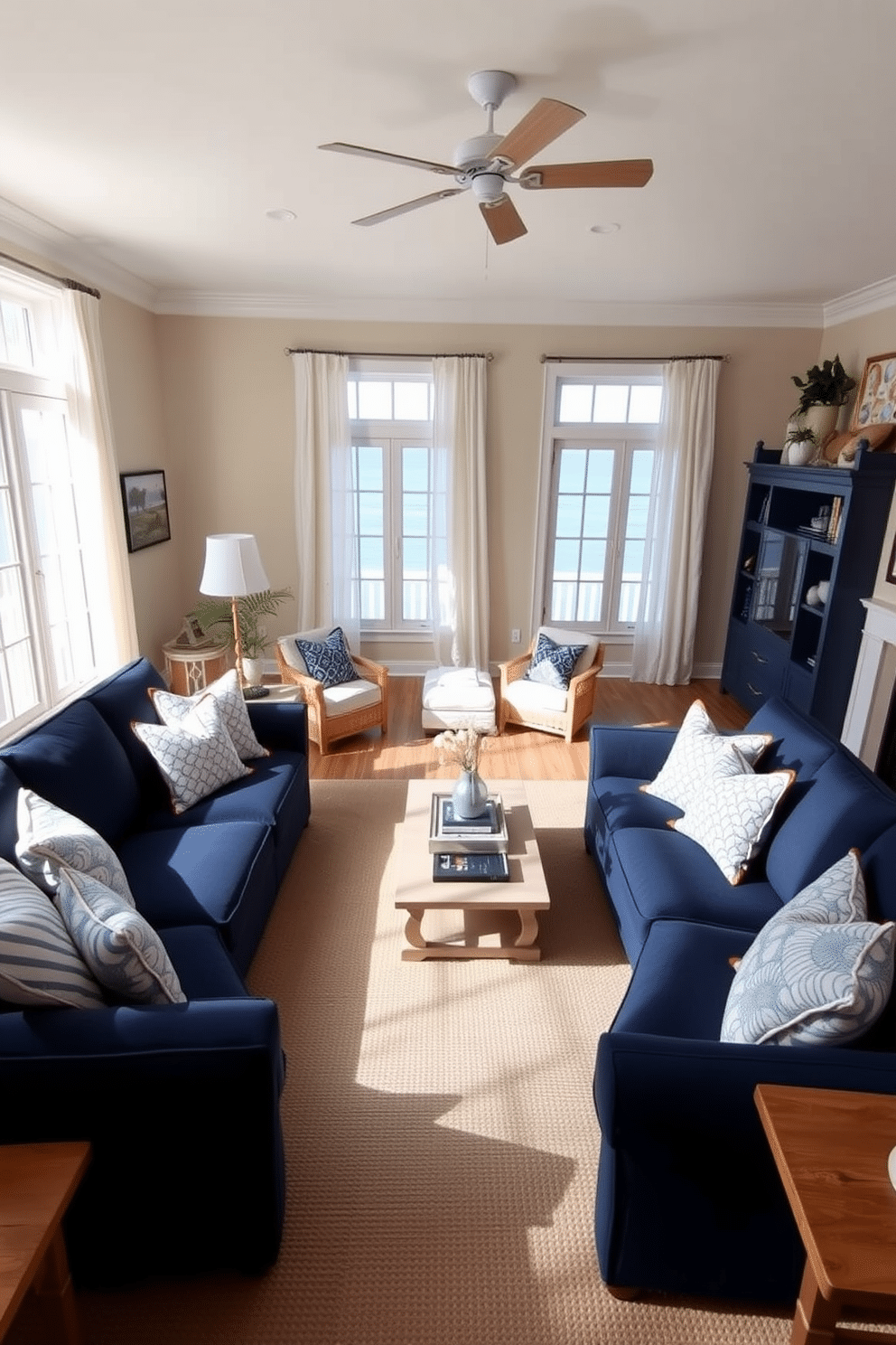 A coastal-themed family room features a spacious layout with navy blue and crisp white accents throughout. A large, comfortable sectional sofa in navy fabric is paired with white accent pillows, creating a relaxed yet stylish atmosphere. The walls are painted in a soft, sandy beige, evoking a beachy vibe, while natural wood elements, such as a coffee table and side tables, add warmth. Large windows allow plenty of natural light, with sheer white curtains gently fluttering in the breeze, enhancing the serene coastal feel.