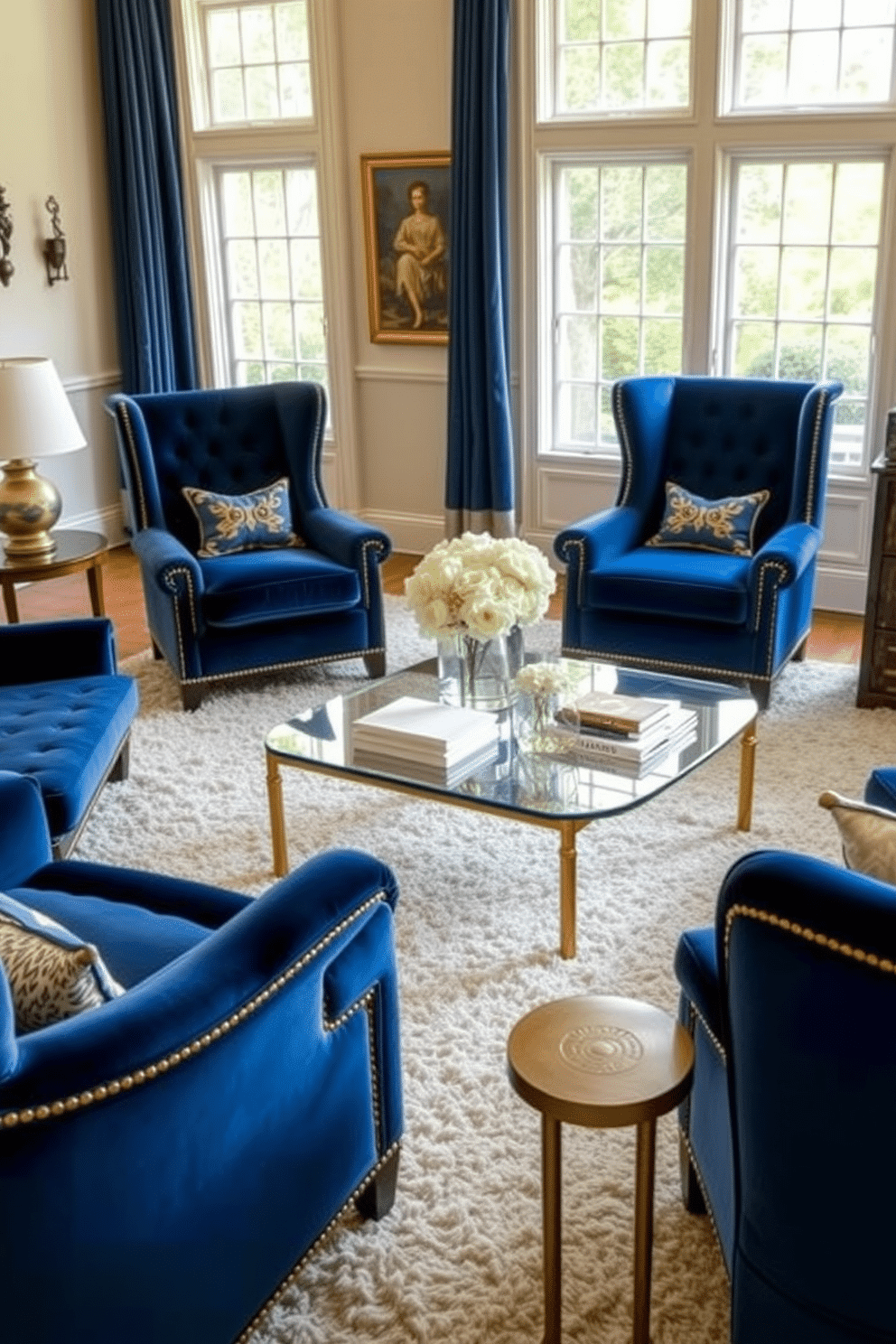 A luxurious family room featuring blue velvet chairs with gold accents that add a touch of elegance. The room is adorned with a plush area rug, and large windows allow natural light to flood in, enhancing the rich hues of the furnishings. The walls are painted in a soft cream color, creating a warm and inviting atmosphere. A stylish coffee table sits in the center, complemented by decorative books and a chic centerpiece, making it the perfect space for relaxation and entertainment.