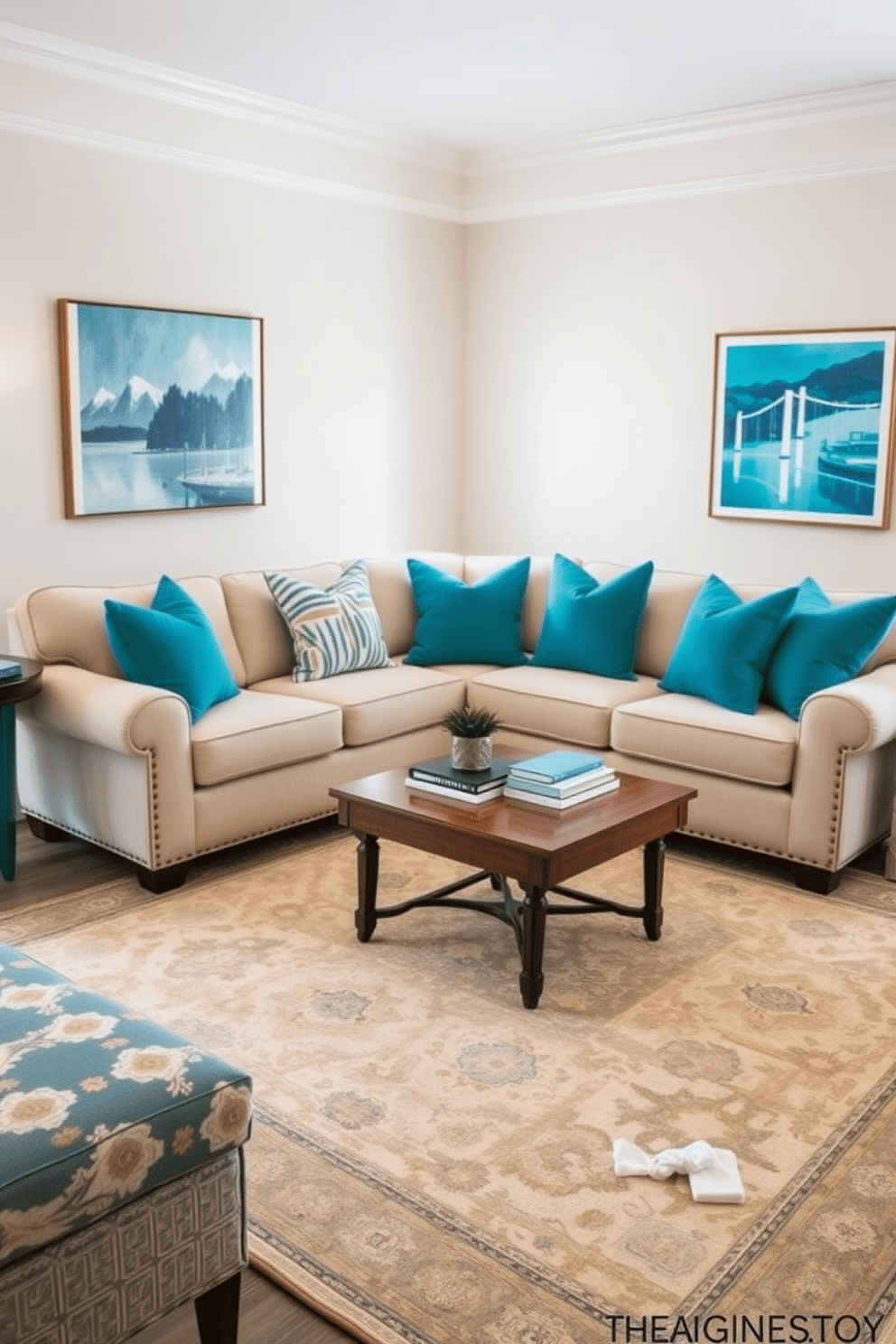 A cozy family room featuring a beige sofa adorned with vibrant turquoise cushions that add a pop of color. The room is illuminated by soft lighting, with a large area rug anchoring the seating area and complementing the overall design. On the walls, framed artwork in shades of blue and turquoise enhances the serene atmosphere. A wooden coffee table sits in the center, adorned with decorative books and a small plant for a touch of greenery.