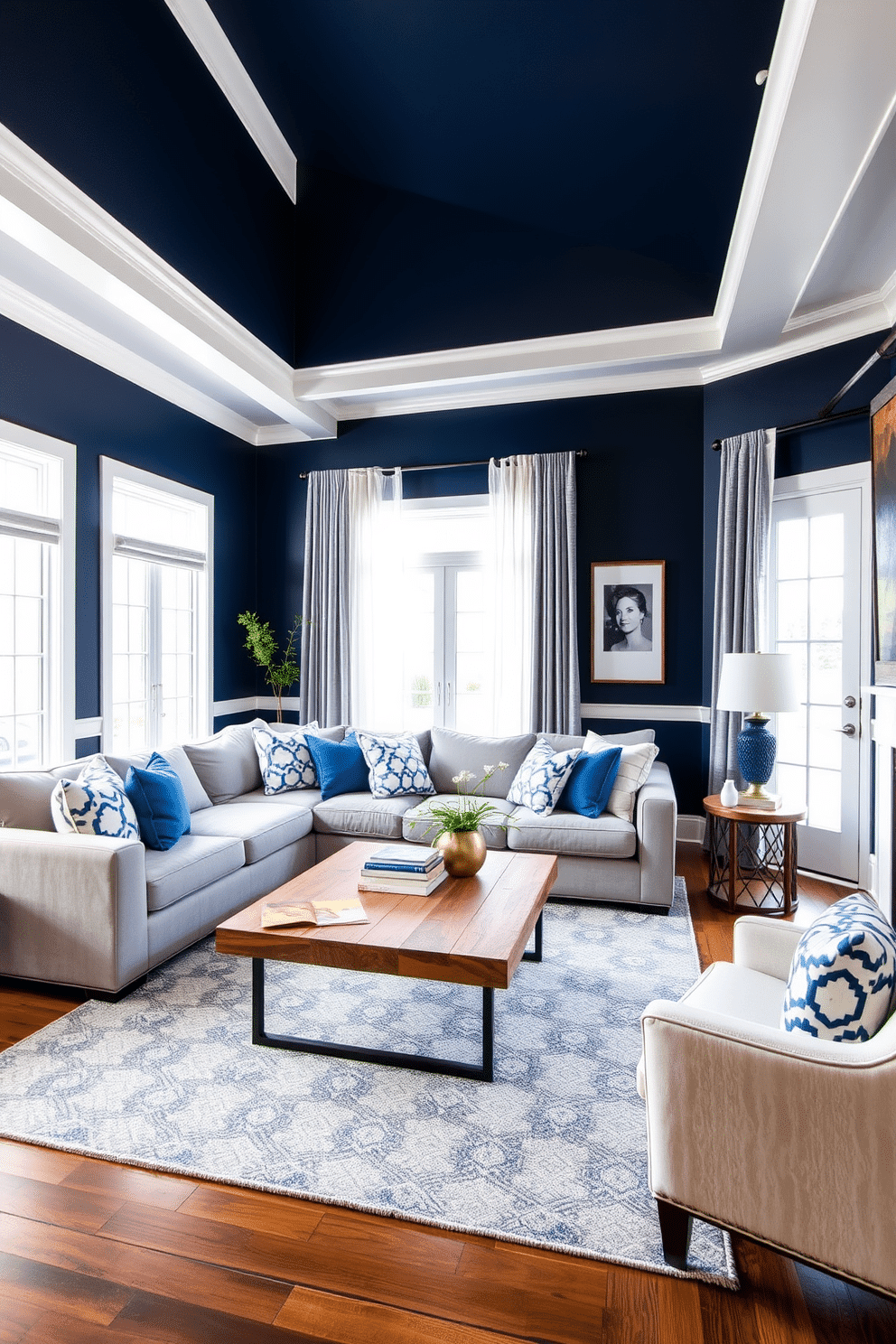 A cozy family room featuring navy blue walls contrasted by crisp white trim. The space is adorned with a plush sectional sofa in a light gray fabric, accented by vibrant throw pillows in shades of blue and white. A large area rug with a geometric pattern anchors the seating area, while a sleek coffee table made of reclaimed wood adds warmth. Floor-to-ceiling windows allow natural light to flood the room, complemented by elegant sheer curtains that softly filter the sunlight.