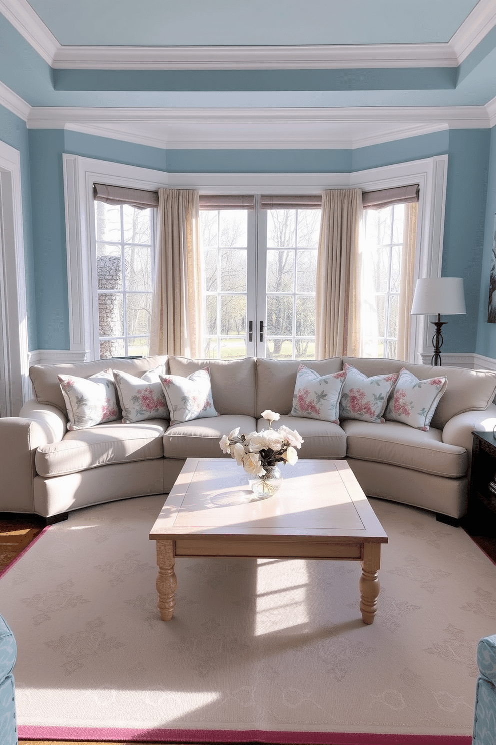 A cozy family room adorned in pastel blue, featuring floral-patterned throw pillows on a plush, oversized sofa. A light wooden coffee table sits in the center, surrounded by a soft area rug with subtle geometric designs. The walls are painted in a soft pastel blue, complemented by white crown molding and baseboards. Large windows draped with sheer curtains allow natural light to flood the space, highlighting the delicate floral accents throughout.