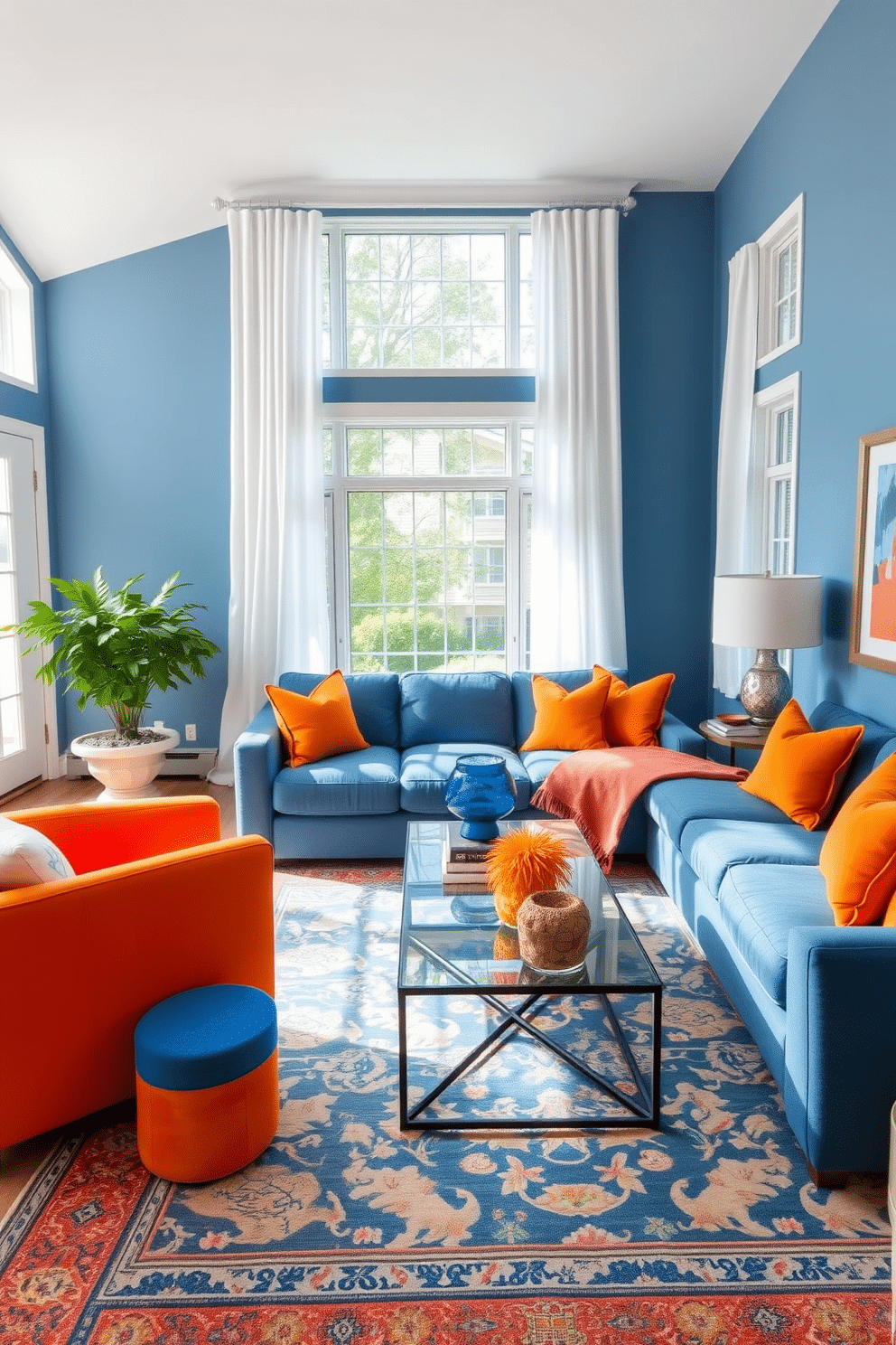 A family room that harmoniously blends blue and orange tones, featuring a plush blue sectional sofa adorned with vibrant orange throw pillows. The walls are painted in a soft blue hue, while an orange accent chair adds a pop of color, complemented by a large area rug that ties the color scheme together. Natural light floods the space through large windows, showcasing sheer white curtains that gently diffuse the sunlight. A stylish coffee table sits at the center, surrounded by decorative elements such as a blue and orange centerpiece and artwork that echoes the color palette.