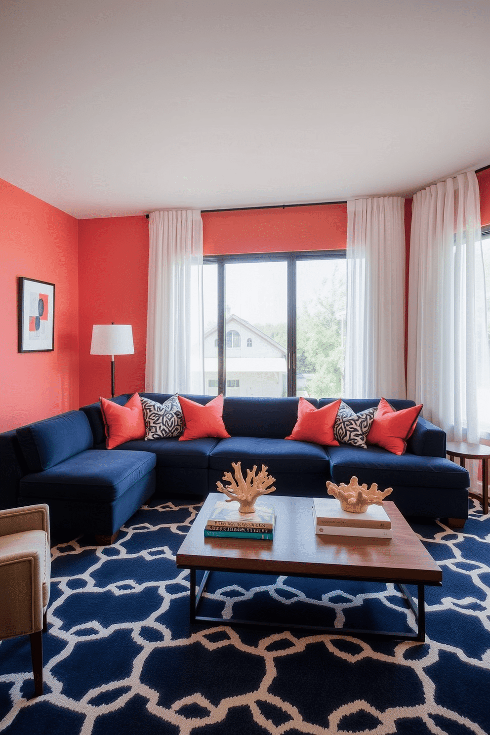 A stylish family room featuring a navy blue sectional sofa adorned with coral accent pillows. The walls are painted a soft coral hue, and a large area rug with a geometric pattern in navy and white anchors the seating area. In one corner, a sleek wooden coffee table holds a stack of art books and a decorative coral sculpture. Floor-to-ceiling windows draped with sheer white curtains allow natural light to flood the space, enhancing the inviting atmosphere.