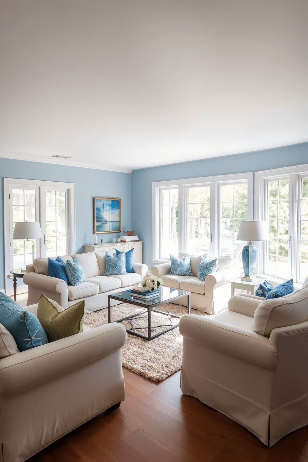 A cozy family room featuring soft blue walls that create a serene atmosphere. The space is furnished with cream-colored sofas and armchairs, complemented by a plush area rug in neutral tones. Large windows allow natural light to flood the room, enhancing the peaceful ambiance. Decorative throw pillows in varying shades of blue add a touch of color and comfort to the seating area.