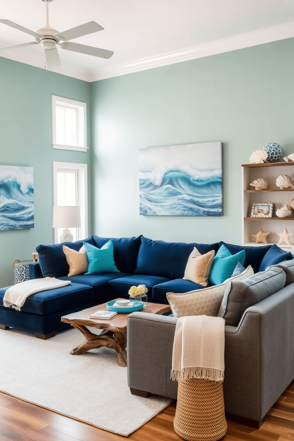 Ocean-inspired decor with shells and blues. The walls are painted in a soft seafoam green, complemented by a large canvas featuring abstract ocean waves. A plush, deep blue sectional sofa invites relaxation, adorned with throw pillows in varying shades of turquoise and sandy beige. Natural wood accents, including a coffee table made from reclaimed driftwood, enhance the coastal vibe, while decorative elements like seashells and starfish are artfully arranged on shelves. Blue Family Room Design Ideas. The space features a cozy, oversized navy blue armchair paired with a light gray sectional, creating a welcoming atmosphere for family gatherings. Large windows allow natural light to flood in, highlighting the soft blue and white color palette, while a patterned area rug adds warmth and texture underfoot.