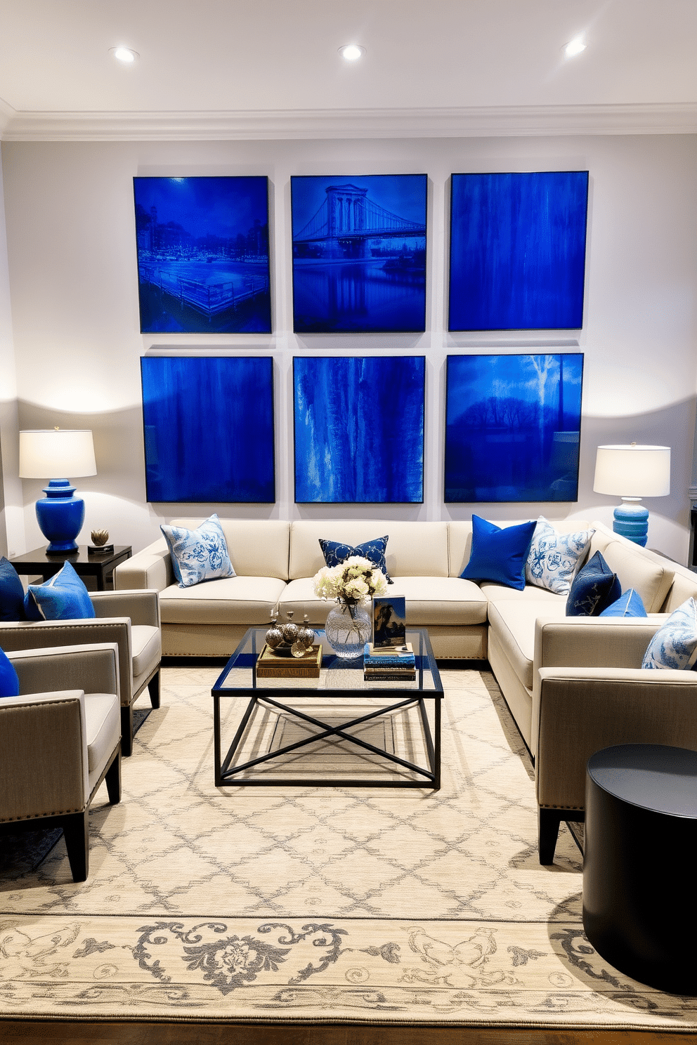 A stylish family room featuring cobalt blue art pieces adorning the walls, creating a vibrant focal point. The furniture includes a plush sectional sofa in a neutral tone, paired with accent chairs that complement the blue accents. The room is illuminated by soft, ambient lighting, enhancing the cozy atmosphere. A large area rug with a subtle pattern anchors the seating arrangement, while decorative throw pillows add texture and warmth.