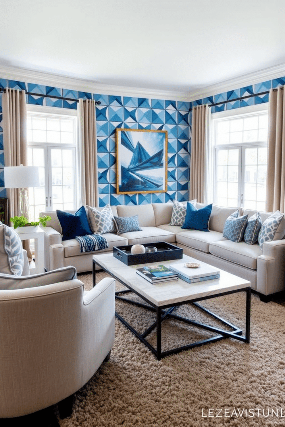 A stylish family room featuring blue and gray geometric patterns throughout the decor. The walls are adorned with a bold geometric wallpaper in varying shades of blue and gray, complemented by a plush sectional sofa with matching accent pillows. A contemporary coffee table sits in the center, topped with a decorative tray and a few art books. Large windows allow natural light to flood the space, highlighting a cozy area rug that ties the color scheme together.