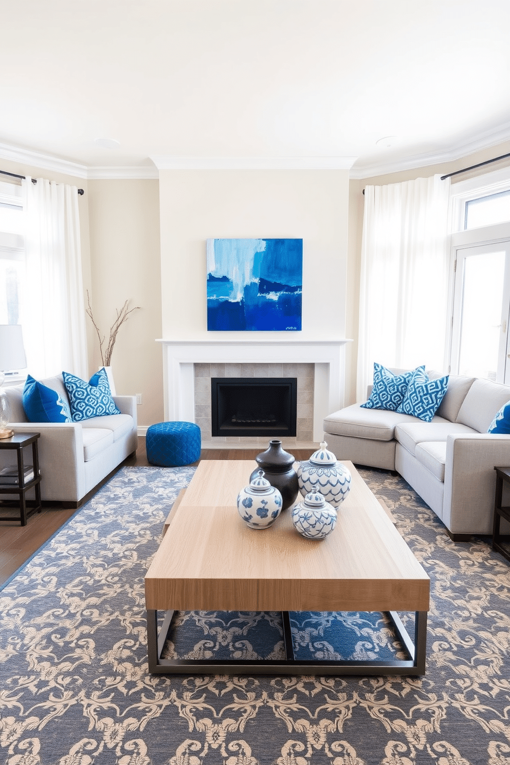 A bright and airy family room featuring a neutral base with soft beige walls and a light gray sectional sofa. Bright blue accents are introduced through vibrant throw pillows, a patterned area rug, and a striking blue abstract painting above the fireplace. Natural light floods the space through large windows adorned with sheer white curtains, creating an inviting atmosphere. A sleek coffee table in a light wood finish sits at the center, complemented by decorative blue and white ceramics.