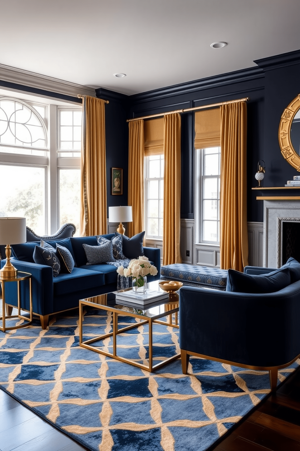 A stylish family room featuring navy blue walls adorned with gold metallic accents. The space includes a plush navy sofa, complemented by gold-finished side tables and a chic coffee table with a glass top. Large windows allow natural light to flood the room, showcasing elegant gold drapes that frame the views. A cozy area rug with a geometric pattern in shades of blue and gold anchors the seating arrangement, creating a warm and inviting atmosphere.