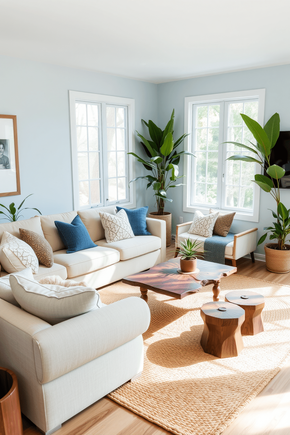 A serene family room featuring soft blue tones complemented by earthy accents. The walls are painted a light sky blue, while a plush, beige sectional sofa invites relaxation, adorned with textured throw pillows in varying shades of blue and natural fibers. A rustic wooden coffee table sits at the center, surrounded by a woven area rug that adds warmth to the space. Large windows allow natural light to flood in, highlighting the greenery of potted plants placed in the corners, creating a harmonious connection with nature.