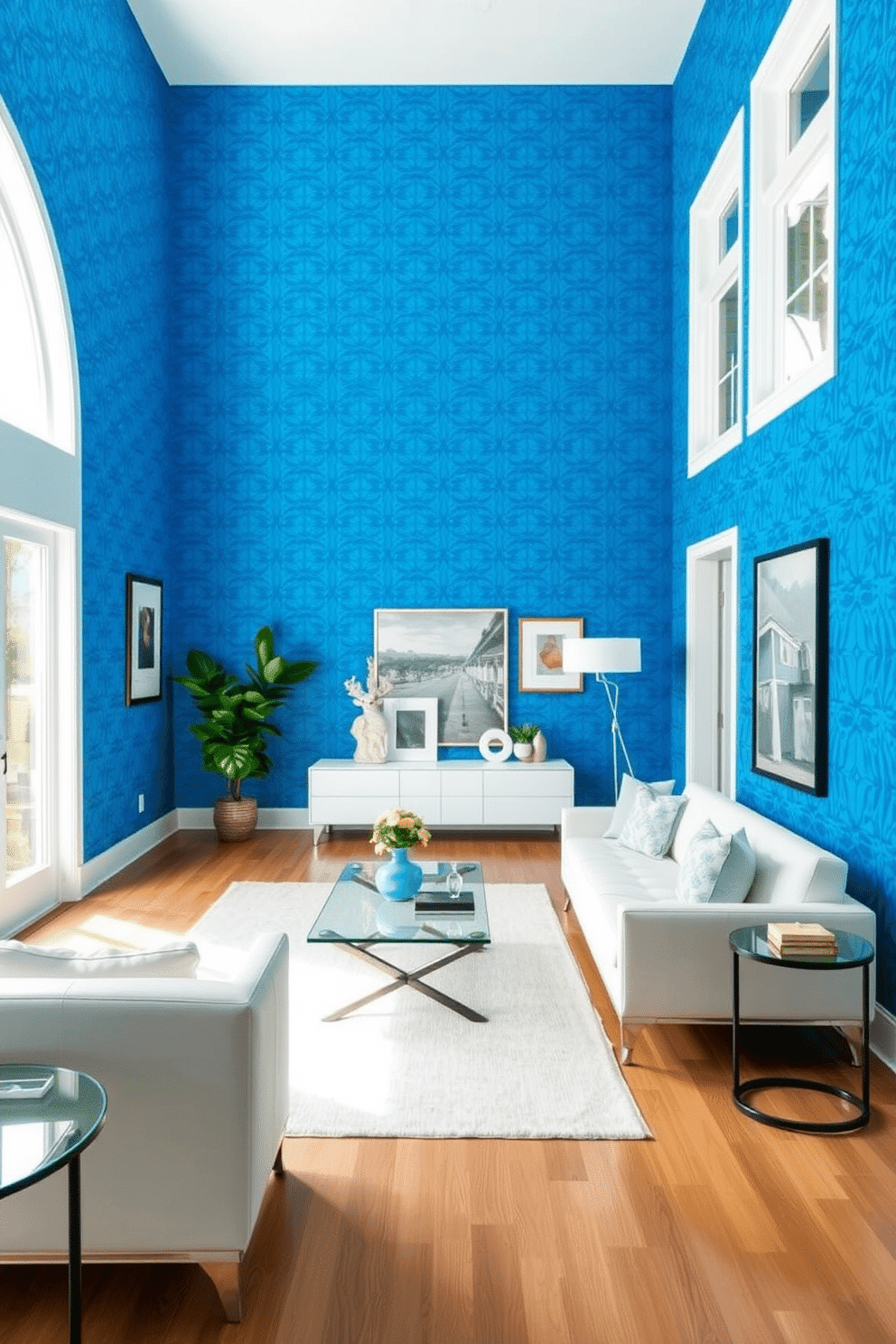 A striking family room features bold blue wallpaper that creates a vibrant backdrop. The space is accented with minimalist furniture, including a sleek white sofa and a glass coffee table, allowing the wallpaper to take center stage. Natural light floods the room through large windows, enhancing the lively blue tones. A few carefully chosen decorative elements, such as a simple area rug and modern art pieces, complement the overall design without overwhelming it.