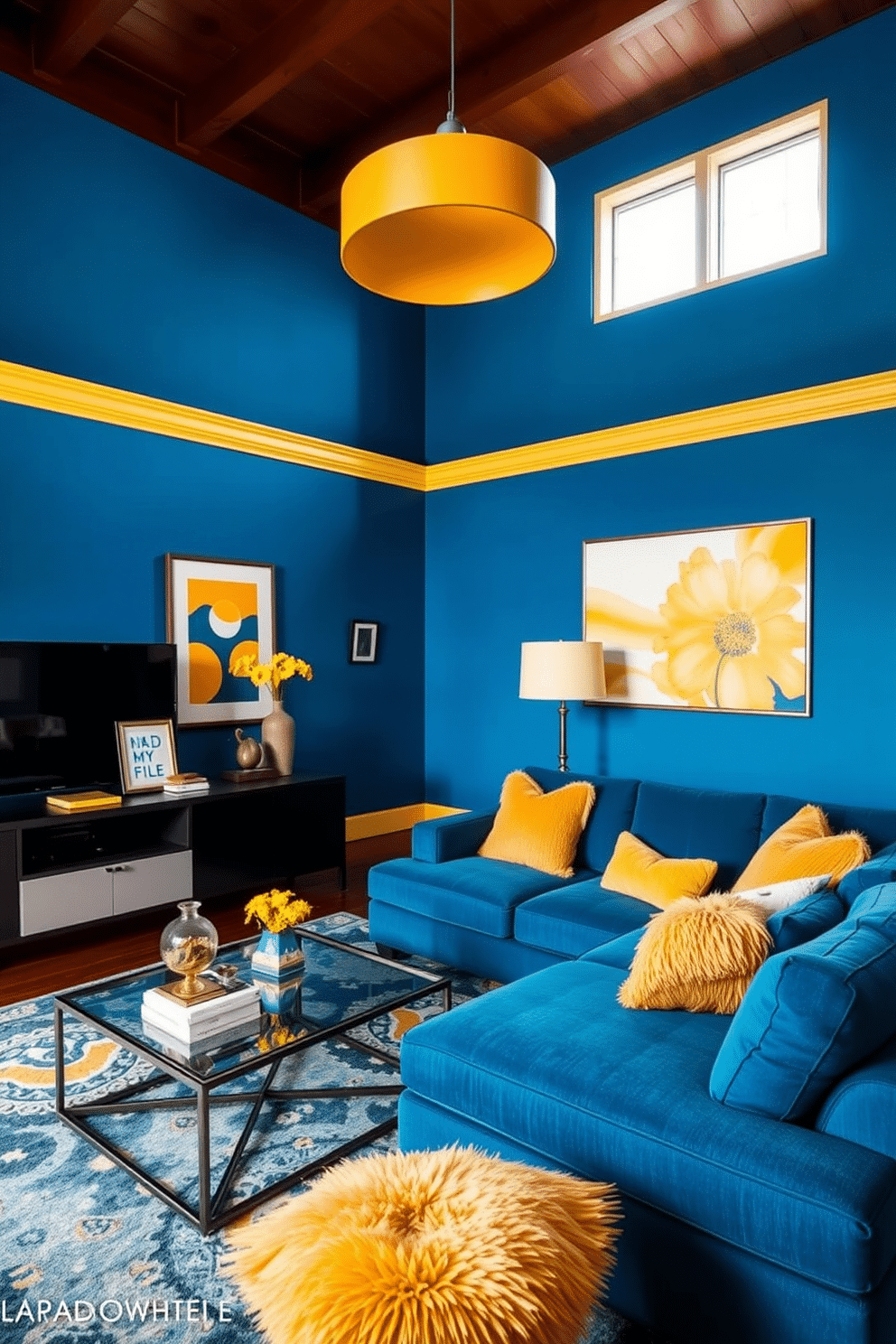 A vibrant family room featuring saturated blue walls that create a bold and inviting atmosphere. Contrasting yellow highlights are incorporated through plush throw pillows, an accent rug, and artwork, adding warmth and energy to the space. The room includes a large, comfortable sectional sofa in a deep blue fabric, complemented by a sleek coffee table with a glass top. A stylish entertainment unit sits against one wall, adorned with decorative items that echo the blue and yellow color scheme.