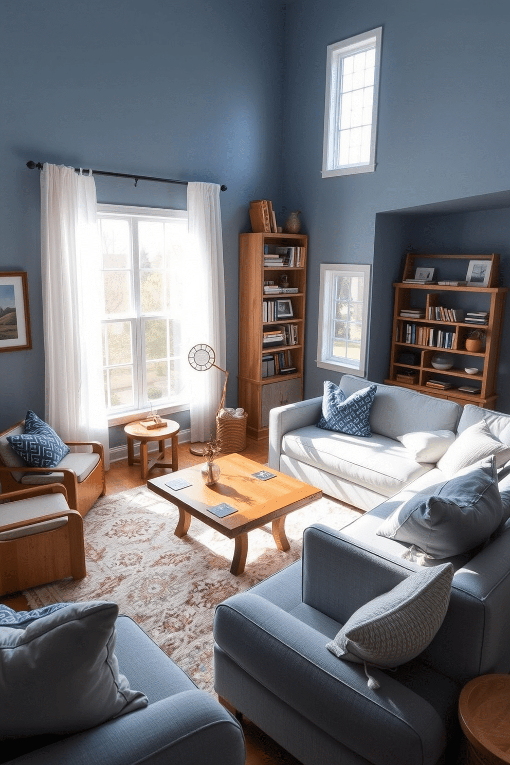 A serene family room featuring muted blue tones complemented by natural wood accents. The walls are painted in a soft blue hue, while a large, comfortable sectional sofa in a lighter shade of blue invites relaxation. A rustic wooden coffee table sits at the center, surrounded by plush area rugs that add warmth. Large windows allow natural light to flood the space, adorned with sheer white curtains that enhance the airy feel. In one corner, a tall bookshelf made of reclaimed wood showcases a collection of art books and decorative items. Cozy throw pillows in varying shades of blue and textured fabrics add a touch of comfort to the seating area.