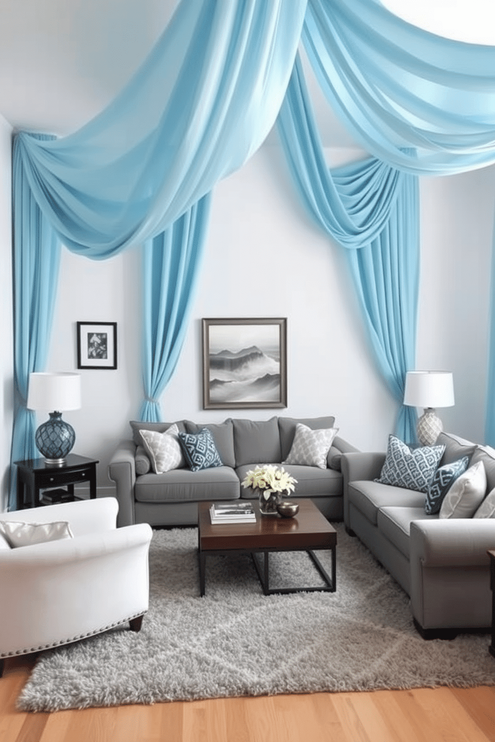 A cozy family room featuring a gray sofa that complements the sky blue curtains draping elegantly from the ceiling. The walls are painted in a soft white, creating a bright and airy atmosphere, while a plush area rug anchors the seating area.