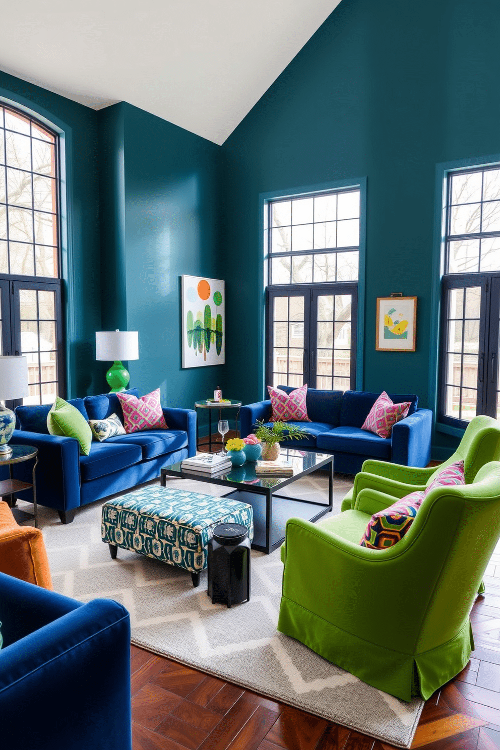 A vibrant family room featuring blue and green color-blocked decor. The walls are painted in a deep teal, while the furniture includes a navy blue sofa and bright green accent chairs, creating a striking contrast. Large windows allow natural light to flood the space, highlighting the playful color scheme. A geometric area rug ties the room together, and colorful throw pillows add a touch of warmth and comfort.