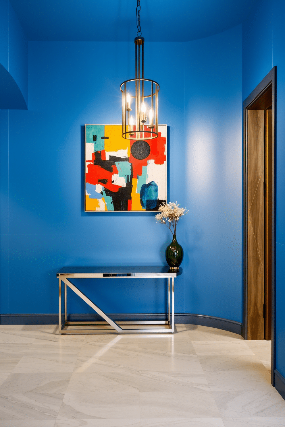 A stunning foyer featuring cerulean blue walls adorned with geometric patterns that create a striking visual impact. The space is illuminated by a modern chandelier, while a sleek console table with metallic accents sits against the wall, complemented by a vibrant abstract artwork above it.