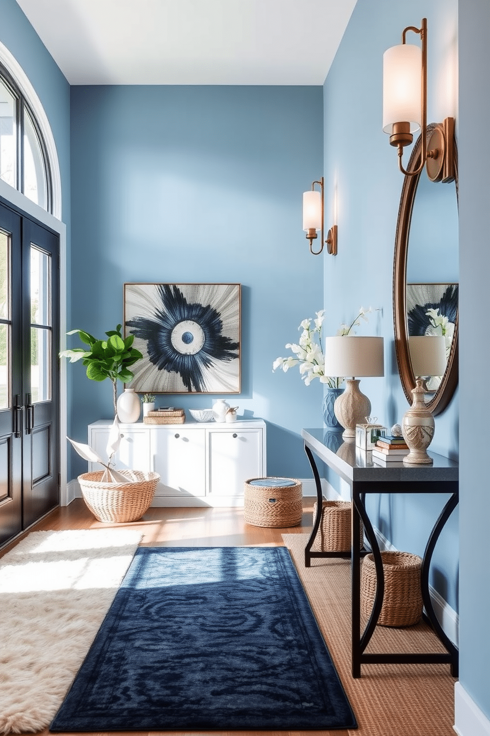 A serene blue foyer featuring soft azure walls that create a calming atmosphere. The space is enhanced with layered textures, including a plush area rug, woven baskets, and a statement console table with decorative accents. Natural light floods in through large windows, illuminating the elegant entryway. A striking piece of artwork adorns the wall, complemented by stylish lighting fixtures that add warmth to the design.