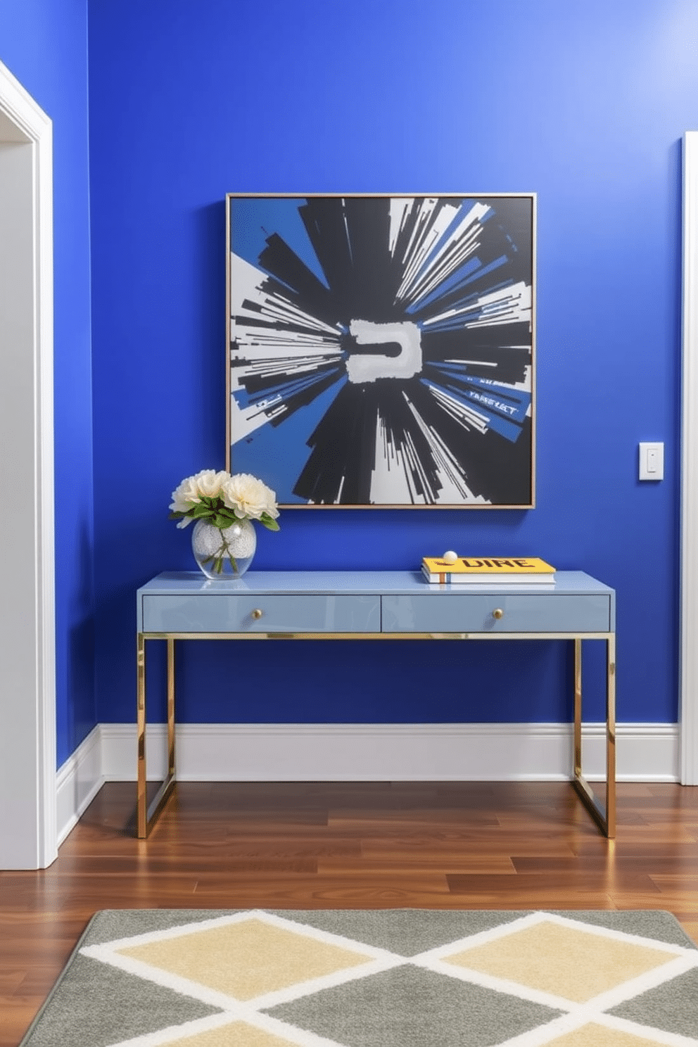 A vibrant electric blue foyer features a sleek console table with a glossy finish, adorned with a striking modern art piece that captures attention. The walls are painted in a bold electric blue hue, complemented by a chic geometric rug that adds texture and warmth to the space.