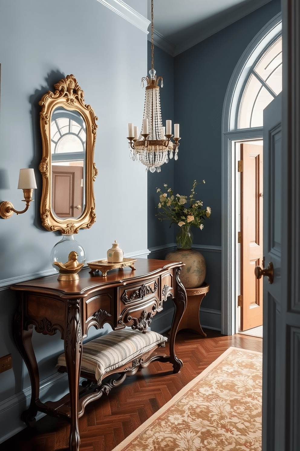 A welcoming foyer adorned in dusty blue hues, featuring antique furniture pieces that evoke a sense of timeless elegance. An ornate wooden console table with intricate carvings sits against the wall, complemented by a vintage mirror framed in gold, reflecting the soft light from a classic chandelier above.