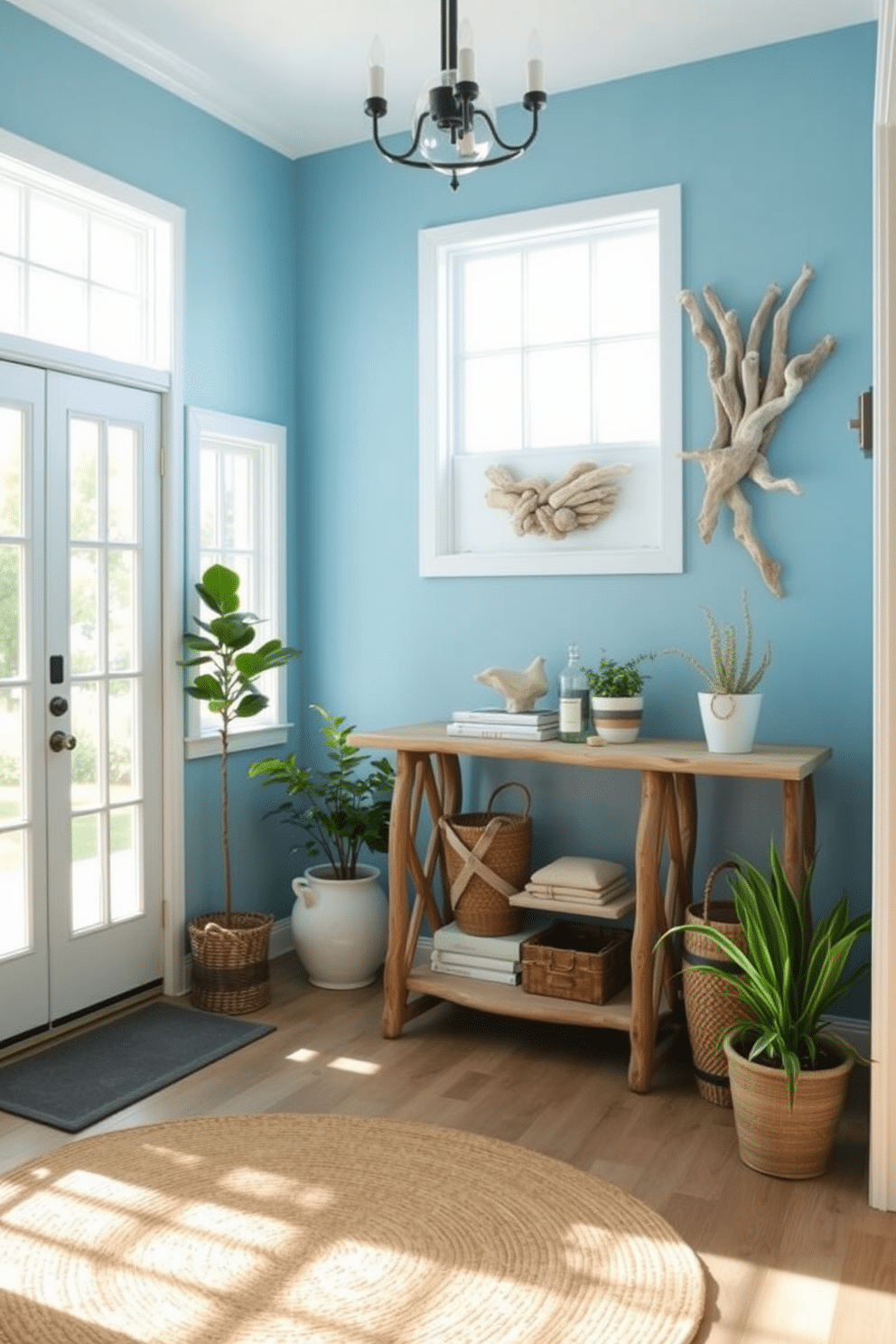 A serene foyer bathed in ocean blue, featuring walls painted in a soft, calming hue that evokes the tranquility of the sea. Driftwood accents are incorporated throughout, including a rustic console table and decorative wall art that adds a touch of coastal charm. The space is illuminated by natural light streaming through large windows, highlighting the textured elements of the driftwood. A woven area rug in sandy tones complements the color palette, while a few potted plants bring a refreshing touch of nature indoors.