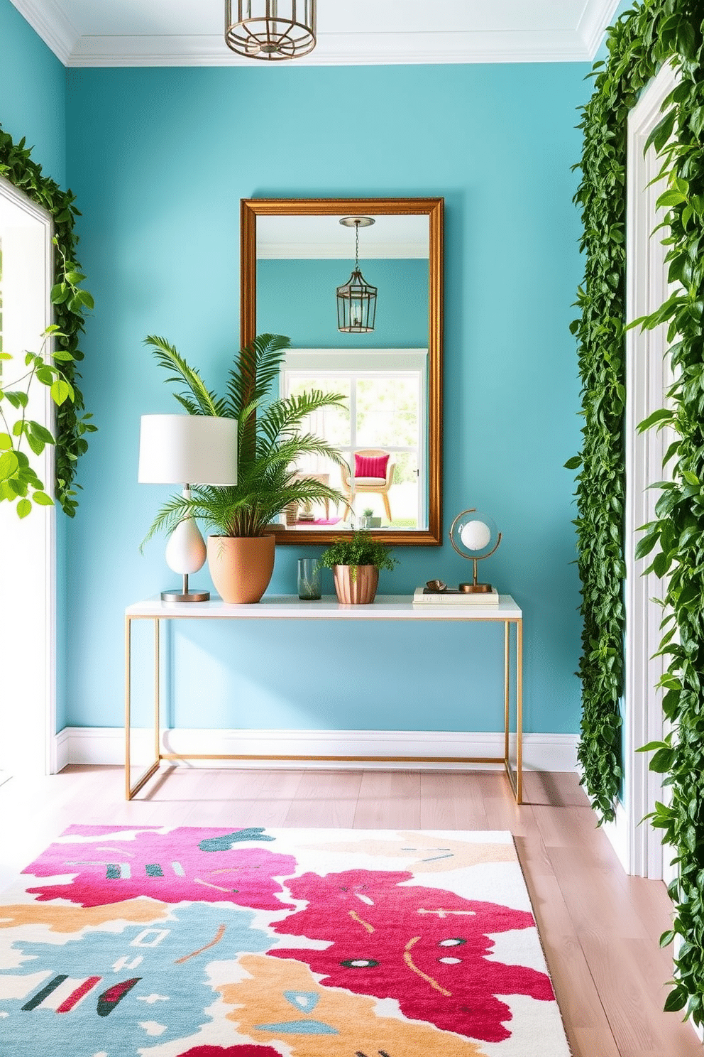 A bright robin's egg blue foyer welcomes guests with a fresh and vibrant atmosphere. The space features a sleek console table adorned with a large potted fern and a modern lamp, while a statement mirror with a gold frame reflects the light. Lush greenery lines the walls, creating a seamless connection between the indoors and outdoors. The floor is covered in a light wood finish, enhancing the airy feel, while a colorful abstract rug adds a touch of artistic flair.