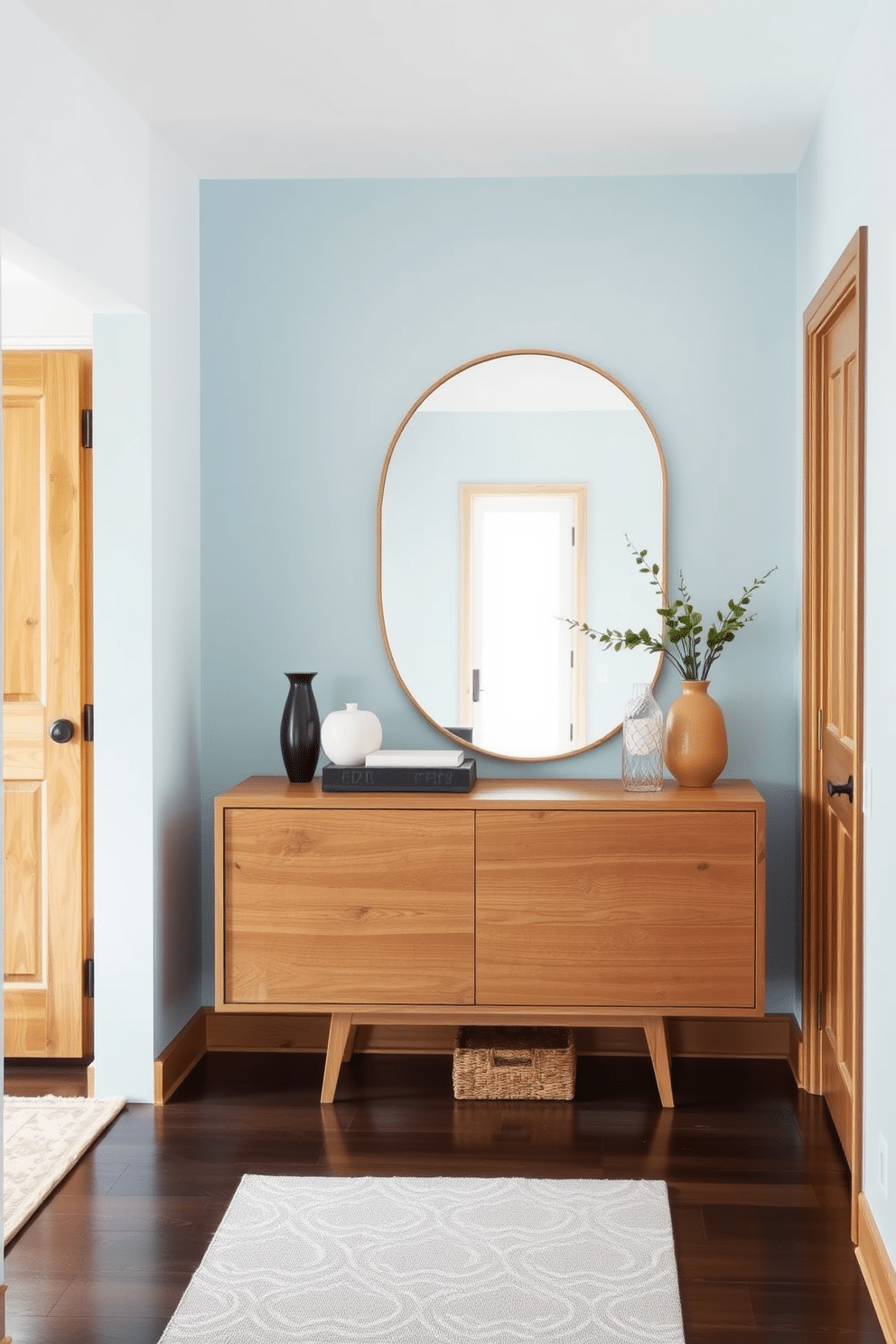 A serene foyer adorned in soft pastel blue creates a welcoming atmosphere, complemented by natural wood accents that add warmth and texture. The space features a sleek wooden console table against the wall, topped with decorative items and a stylish mirror that reflects light and enhances the airy feel.