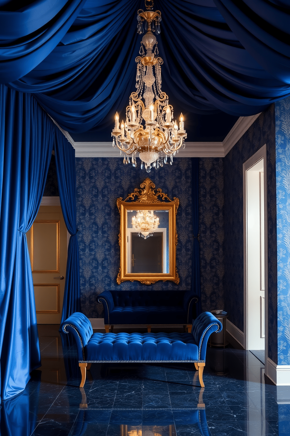 A grand foyer adorned in royal blue, featuring opulent fabrics that drape elegantly from the ceiling. A plush velvet bench in a deep navy hue sits against the wall, complemented by a large, ornate mirror framed in gold. The walls are embellished with intricate wallpaper showcasing a subtle damask pattern in shades of blue and silver. A stunning chandelier with crystal accents hangs from above, casting a warm glow over the space and enhancing the luxurious atmosphere.