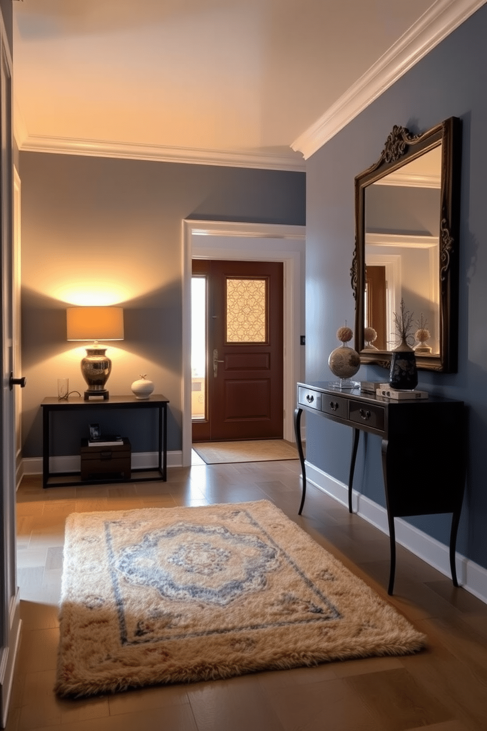 A warm periwinkle foyer welcomes guests with its soft, ambient lighting that creates an inviting atmosphere. The space features a sleek console table against the wall, adorned with decorative objects and a stylish lamp that enhances the cozy vibe. On the floor, a plush area rug in complementary tones adds texture and warmth underfoot. A large mirror with an ornate frame reflects the light, making the foyer feel more spacious and airy.