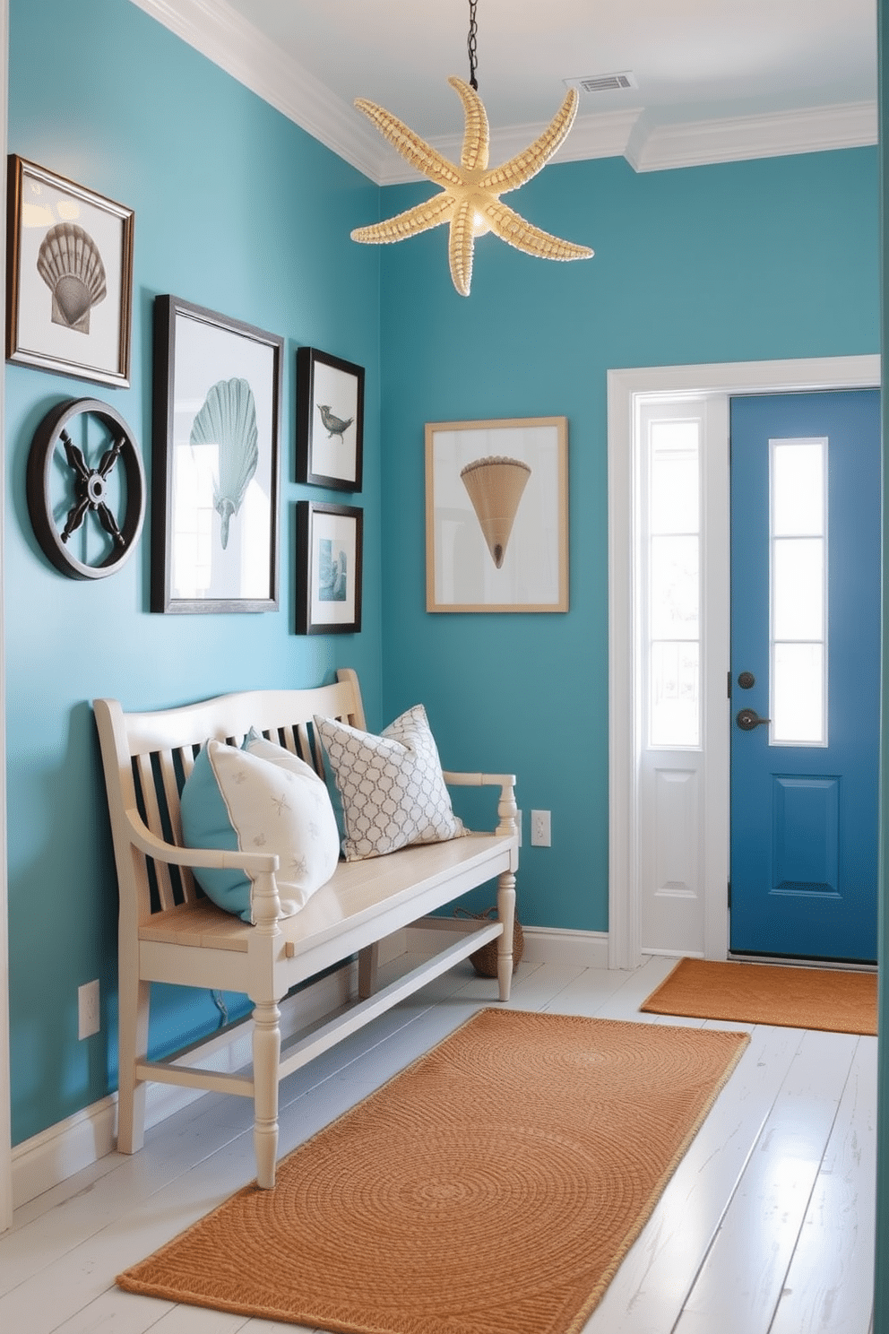 A serene foyer featuring aqua blue walls adorned with nautical-themed artwork, including framed seashell prints and a ship wheel. A stylish bench in a light wood finish sits against the wall, complemented by decorative pillows in ocean-inspired colors. The floor is laid with whitewashed planks, evoking a beachy feel, while a jute rug adds texture and warmth. A statement chandelier resembling a starfish hangs from the ceiling, casting a soft glow over the space.