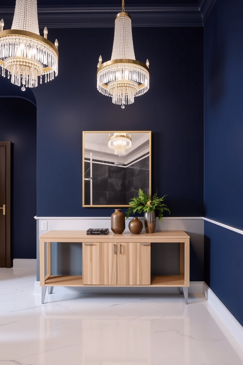 A stunning foyer featuring midnight blue walls that create a dramatic backdrop. Elegant chandeliers with crystal accents hang gracefully from the ceiling, illuminating the space with a warm glow. The floor is adorned with a polished white marble that contrasts beautifully with the deep blue tones. A sleek console table in a light wood finish sits against the wall, topped with decorative vases and fresh greenery for a touch of sophistication.