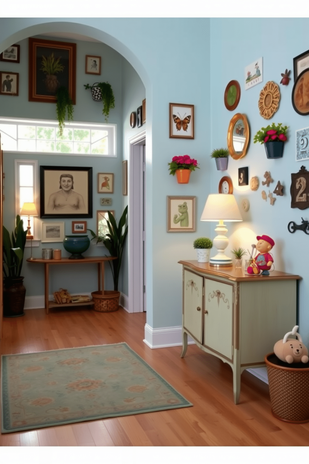 A charming foyer painted in a soft baby blue, featuring whimsical decor items that bring a playful touch to the space. An eclectic mix of framed artwork, decorative mirrors, and vibrant potted plants adorns the walls, creating an inviting atmosphere. The flooring is a light hardwood, complemented by a cozy area rug with fun patterns that enhance the whimsical theme. A vintage console table with quirky accents sits against one wall, topped with unique trinkets and a cheerful lamp that casts a warm glow.