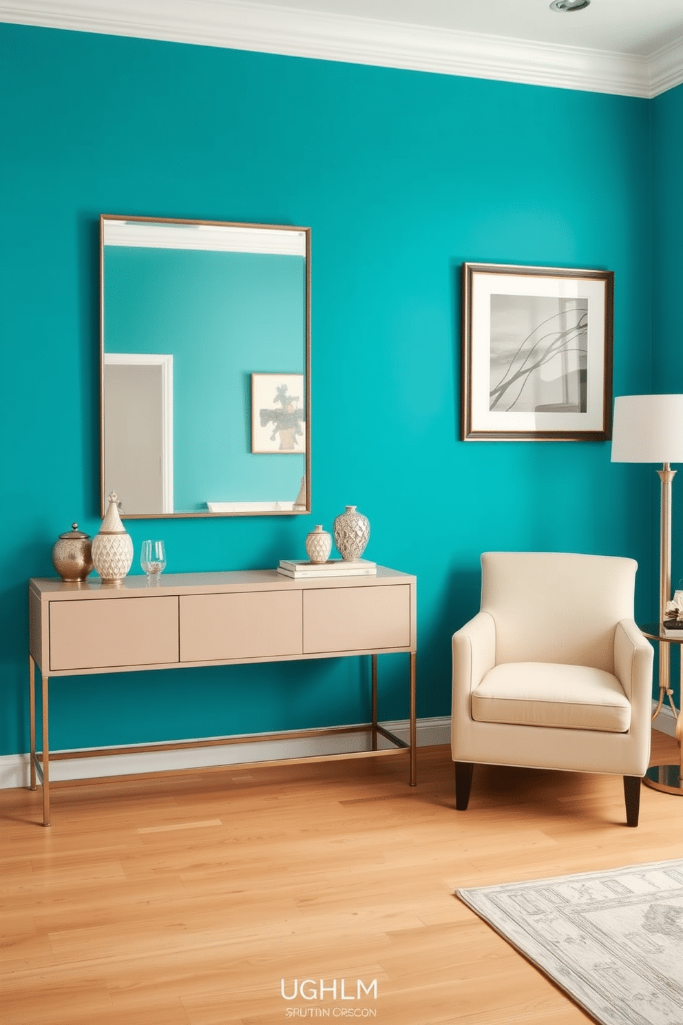 A striking foyer features a turquoise accent wall that creates a vibrant focal point, complemented by neutral-toned furnishings. A sleek console table in a soft beige sits against the wall, adorned with decorative items and a large mirror that enhances the space's brightness. The floor is finished with light hardwood, providing a warm contrast to the bold wall color. To the side, a cozy seating area with a cream-colored armchair and a small side table invites guests to relax while enjoying the stylish ambiance.